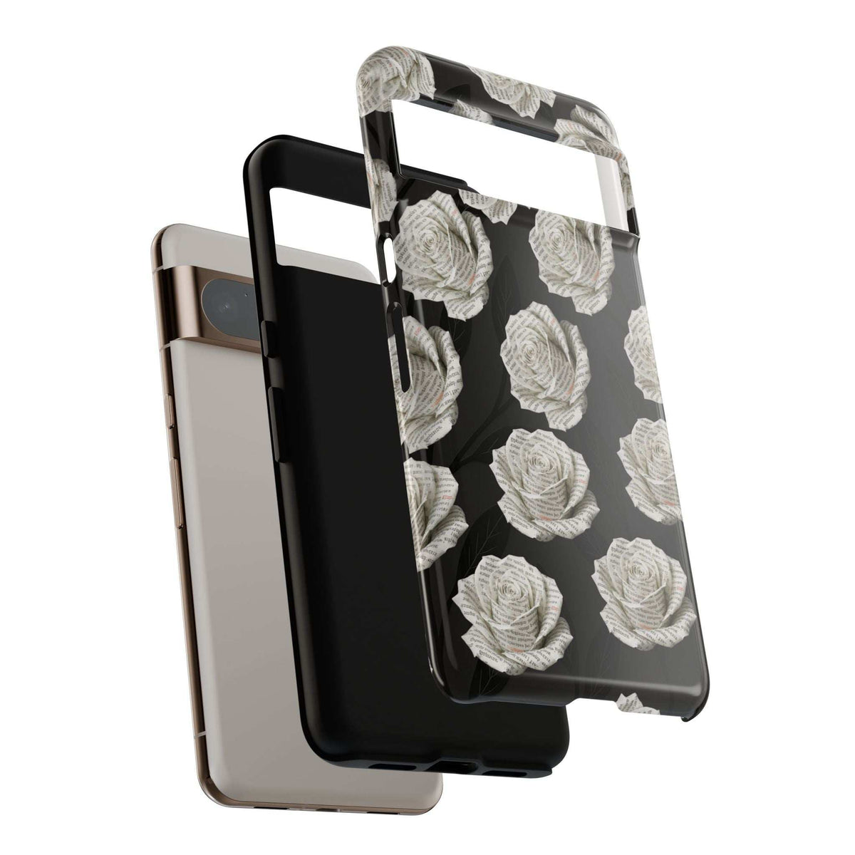 Black-and-white rose phone case with protective corners; shown with another phone behind.