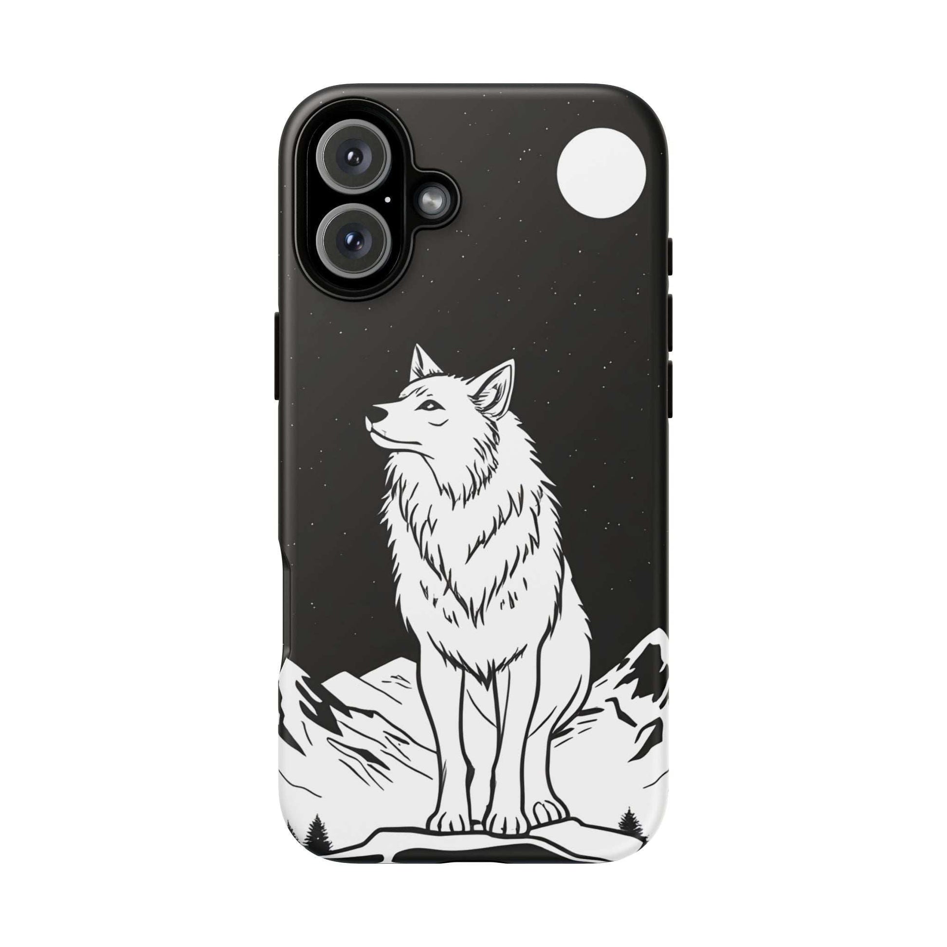 Black phone case with white wolf graphic, camera cutouts, and top-right circle detail