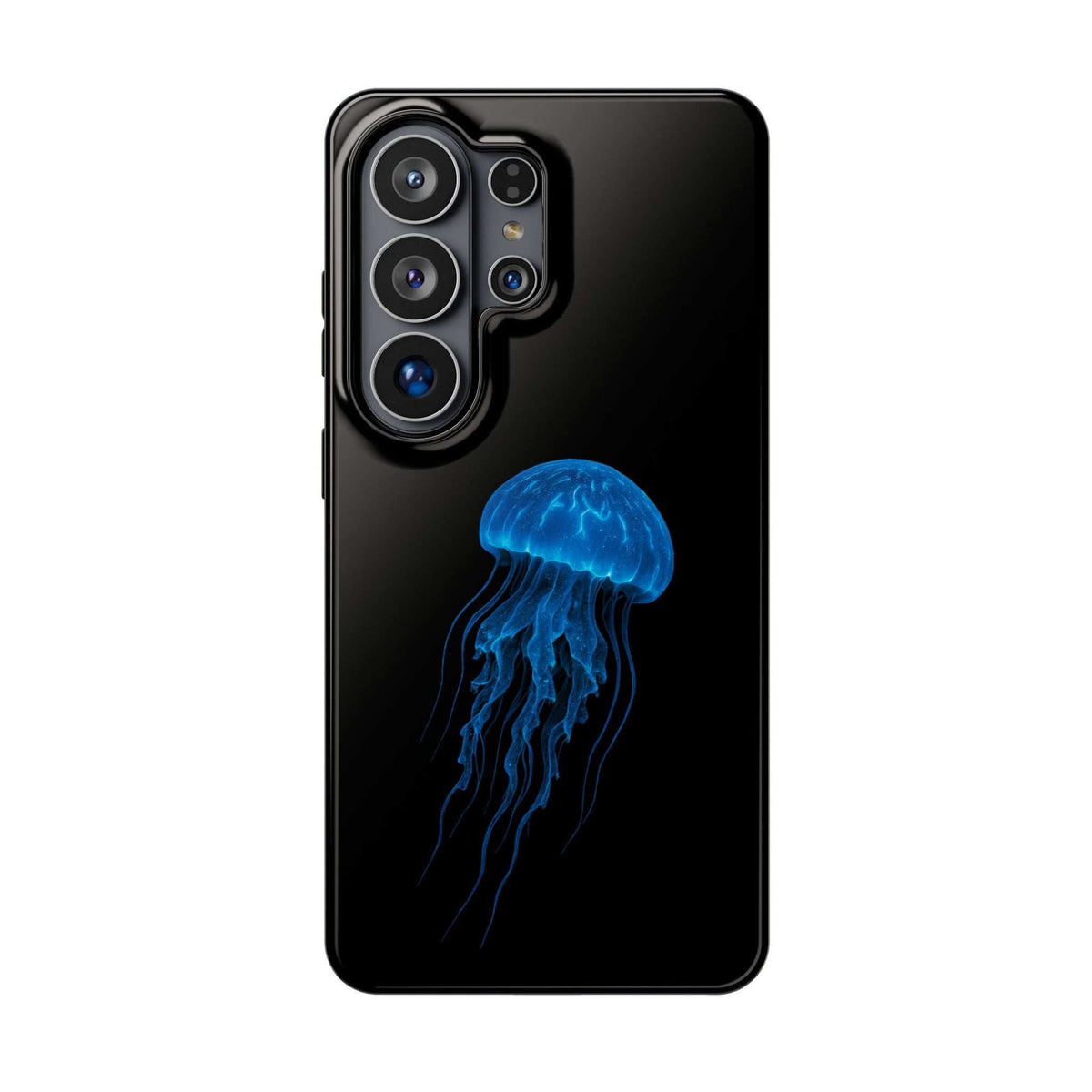 Black phone case with blue jellyfish graphic and visible camera lens openings.