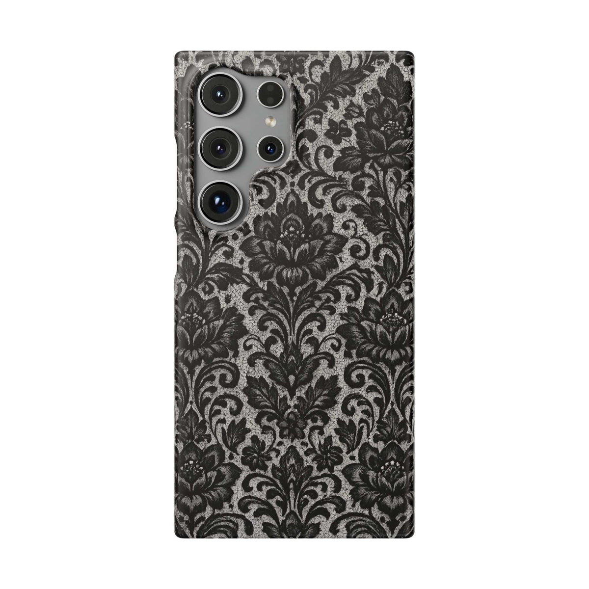 Damask floral phone case, black with gray damask floral; quad camera cutout