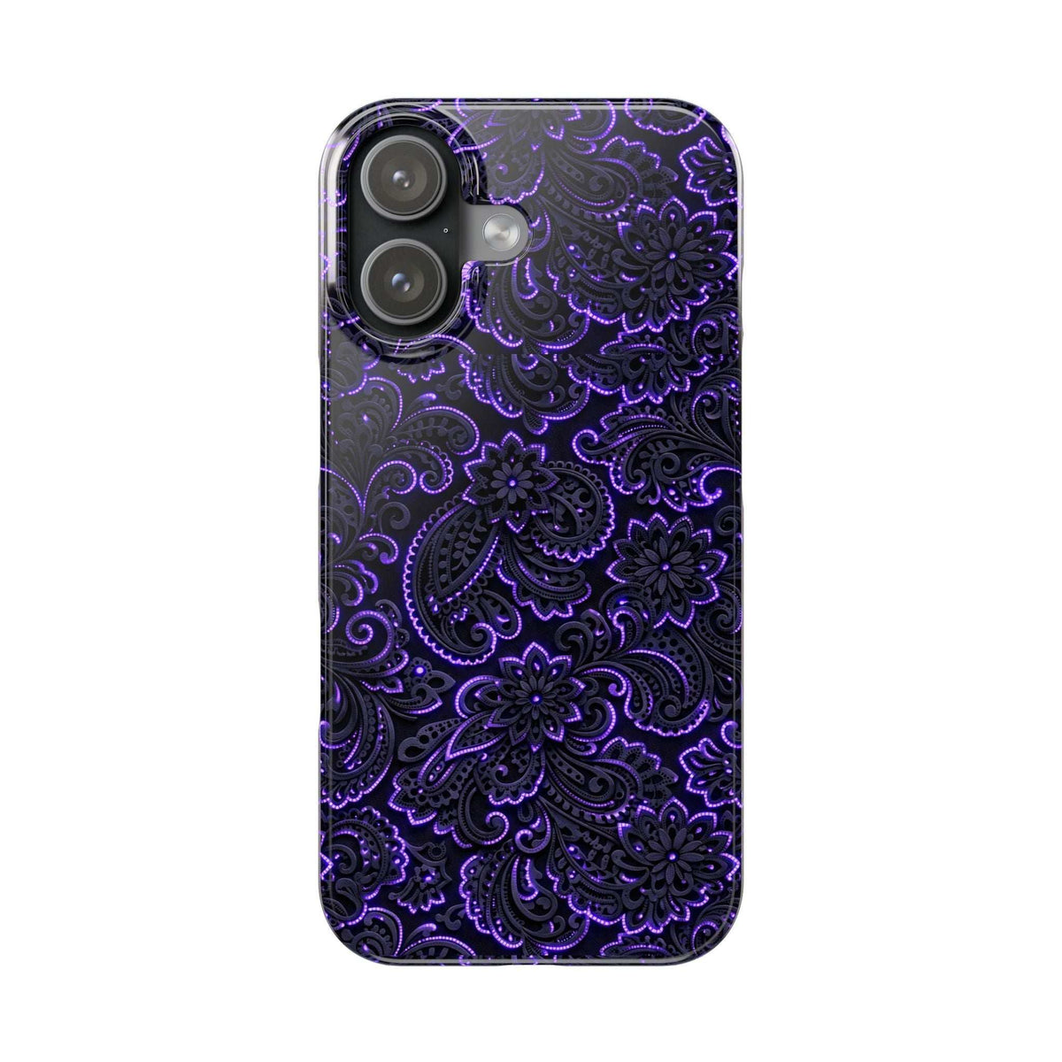 Purple paisley phone case with neon ornamental pattern, camera lenses on top left.