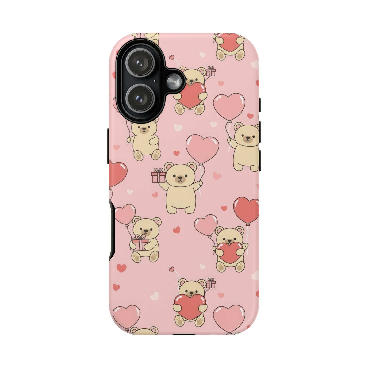 Pink teddy bear and heart phone case with multi-camera cutouts