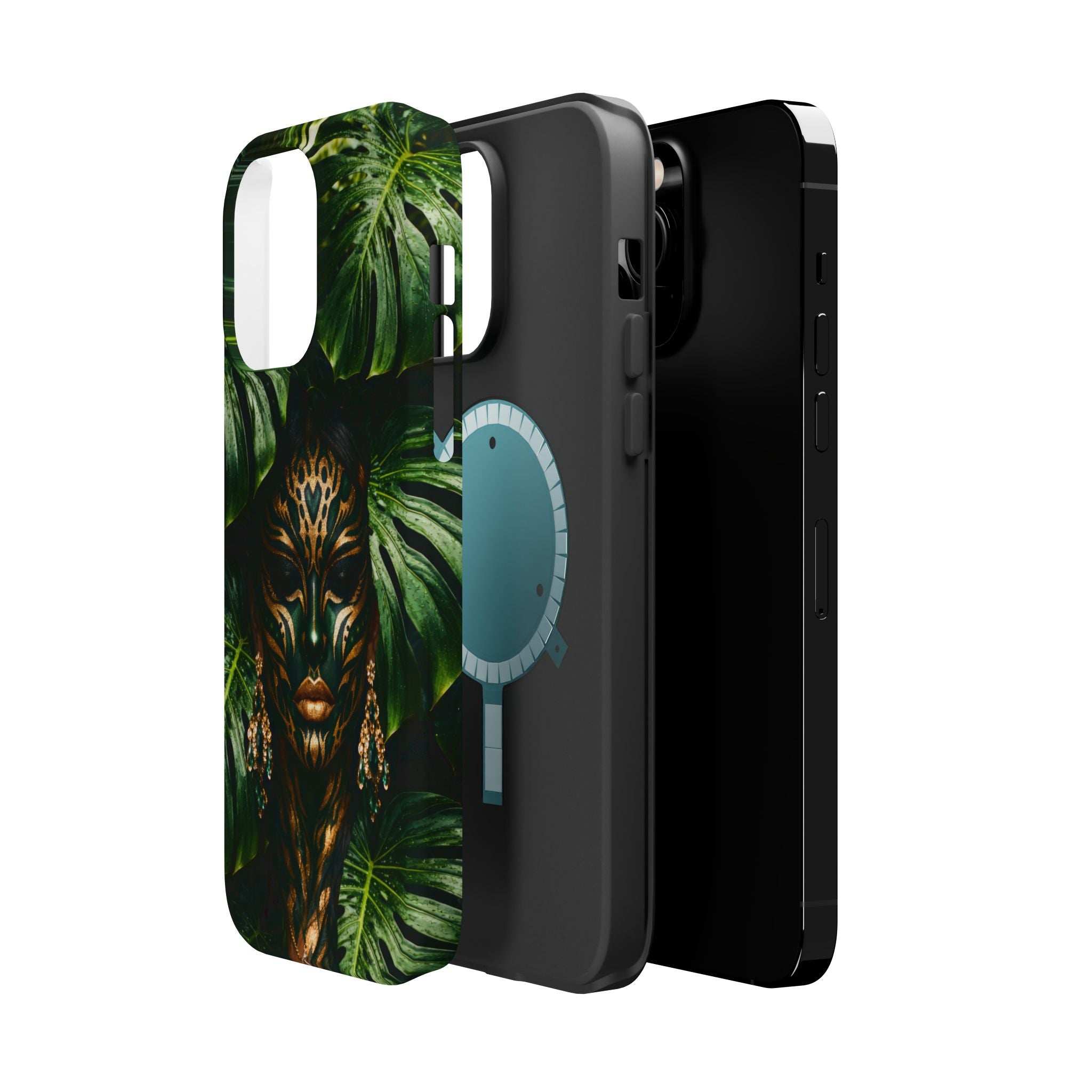 Phone case featuring jungle lion face in green leaves and a light-blue handprint design