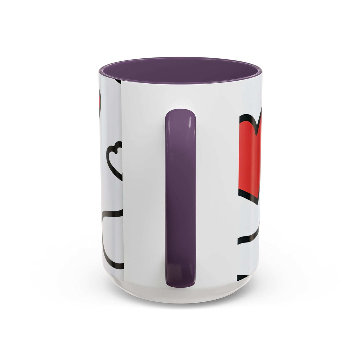 Heart-themed coffee mug, white with purple stripe design, purple rim