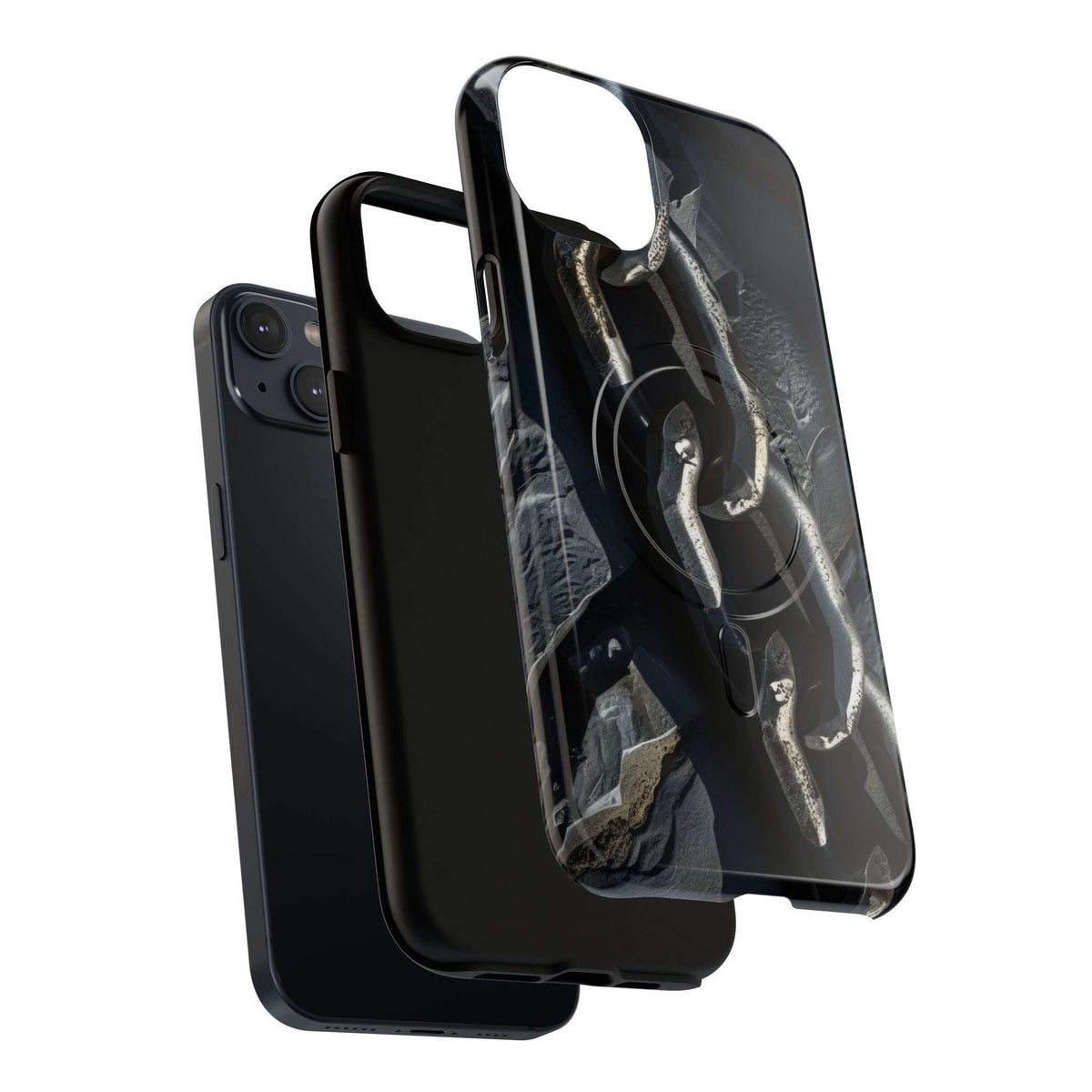 Protective phone case with dark frame and clear cover showing detailed chain-and-figure artwork.