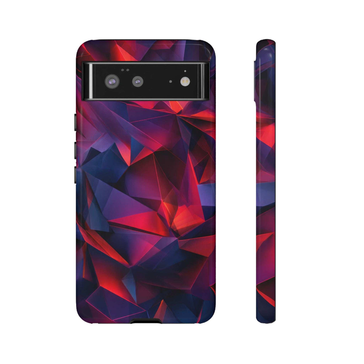 Glossy phone case with red and blue crystalline prism pattern, top camera and flash cutouts.