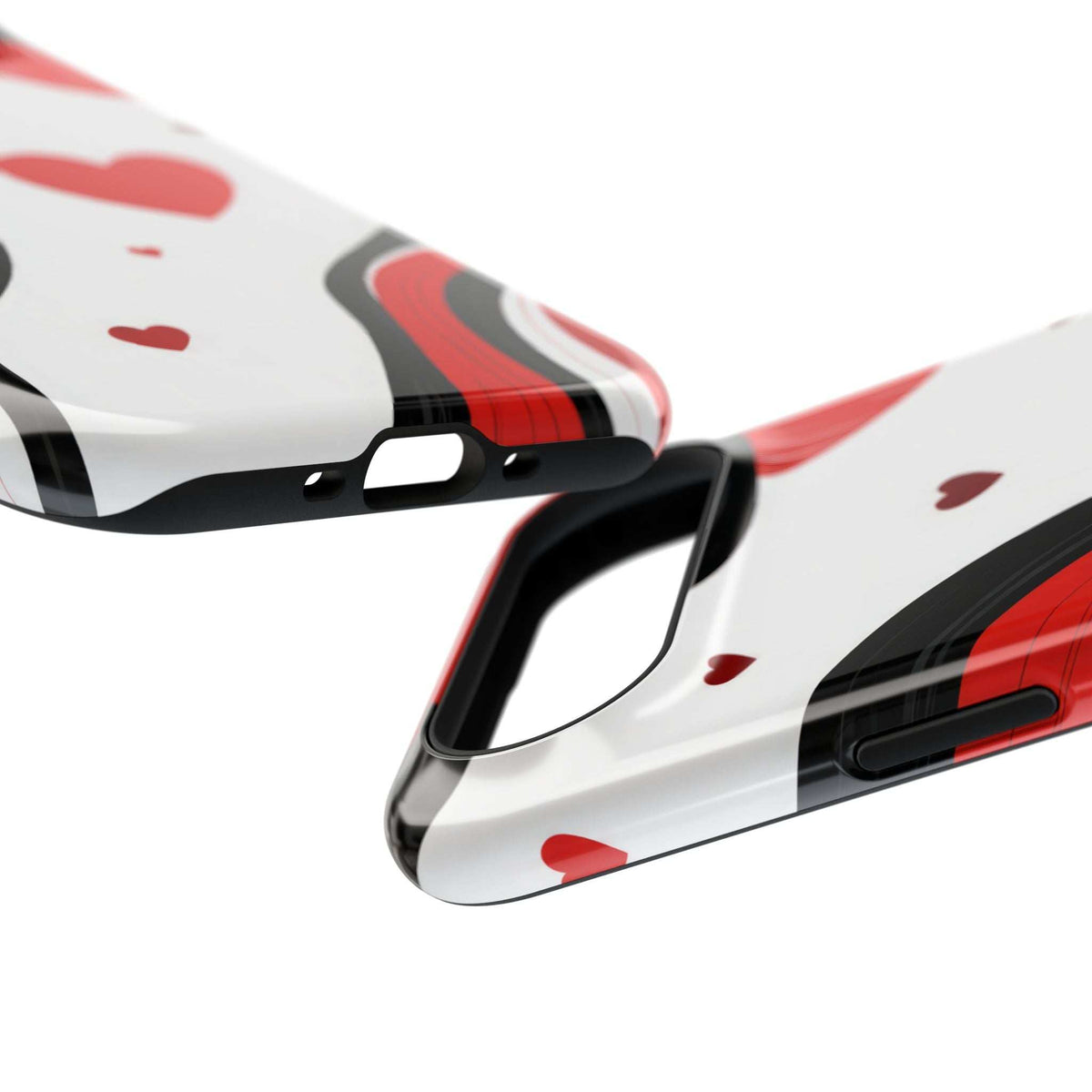 Glossy white phone case with red heart design, side buttons and charging port openings