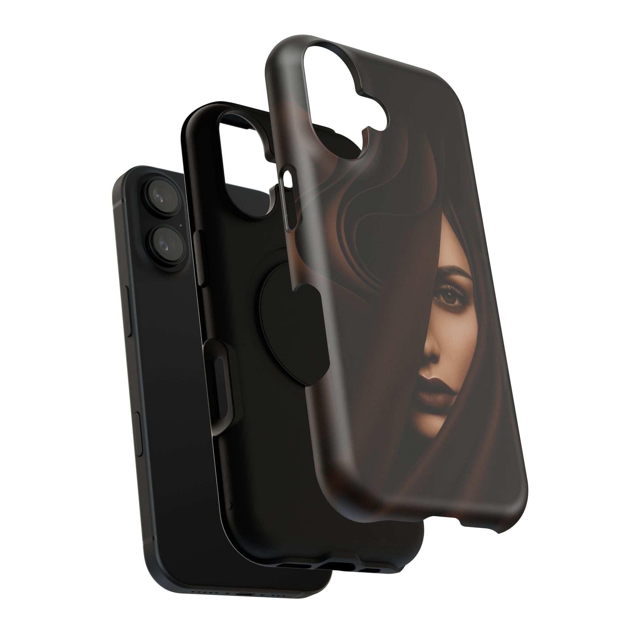 Phone case with dark portrait artwork and camera cutouts, glossy finish