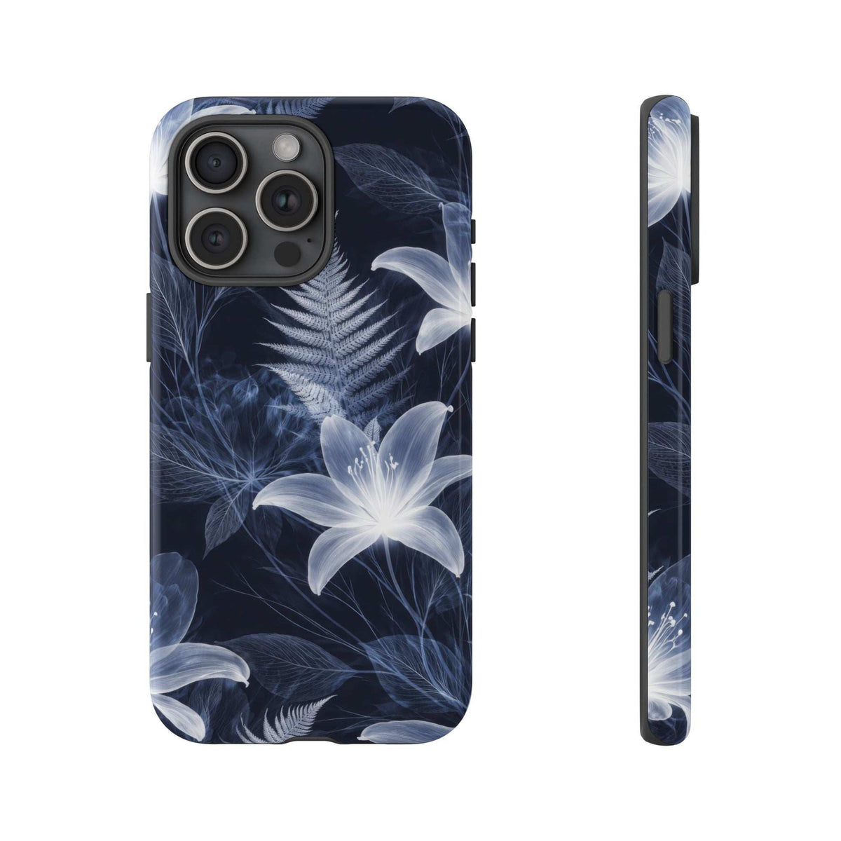 Phone case with dark blue floral pattern and white lily-like flowers, side profile