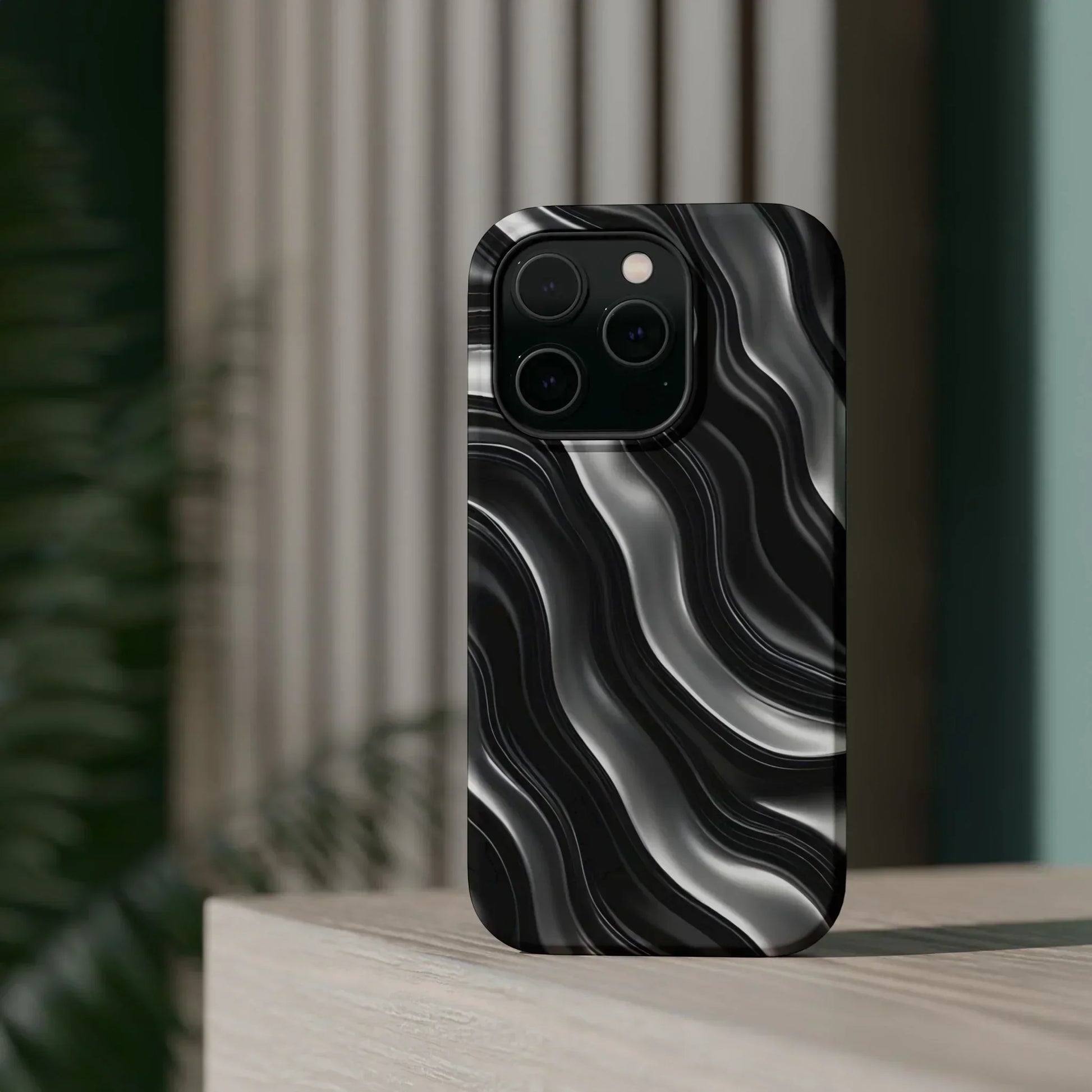 Wavy Illusion Black & Silver MagSafe® Tough Phone Case - KarArmDesign
