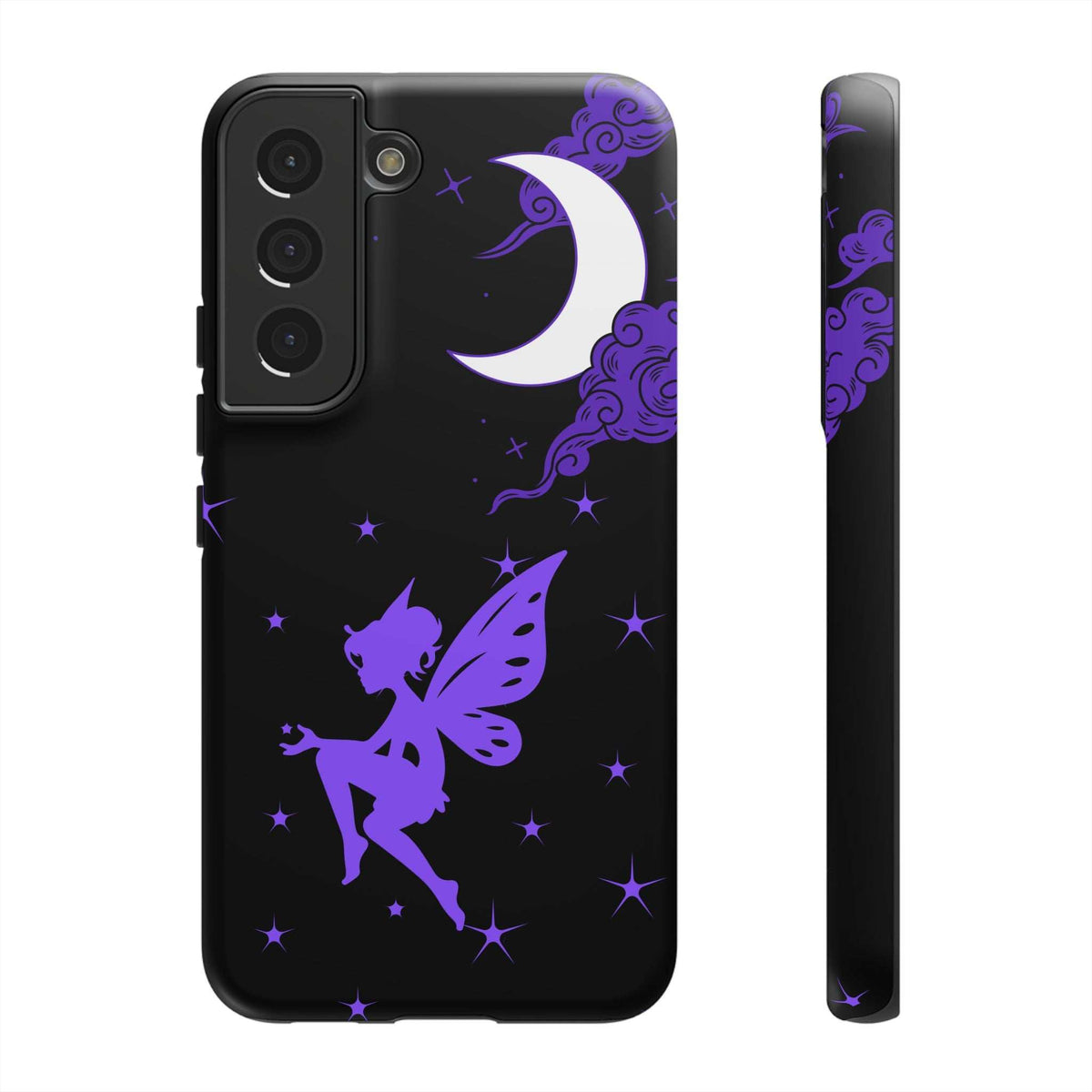 Black phone case with purple fairy silhouette and crescent moon; camera cutouts on back panel