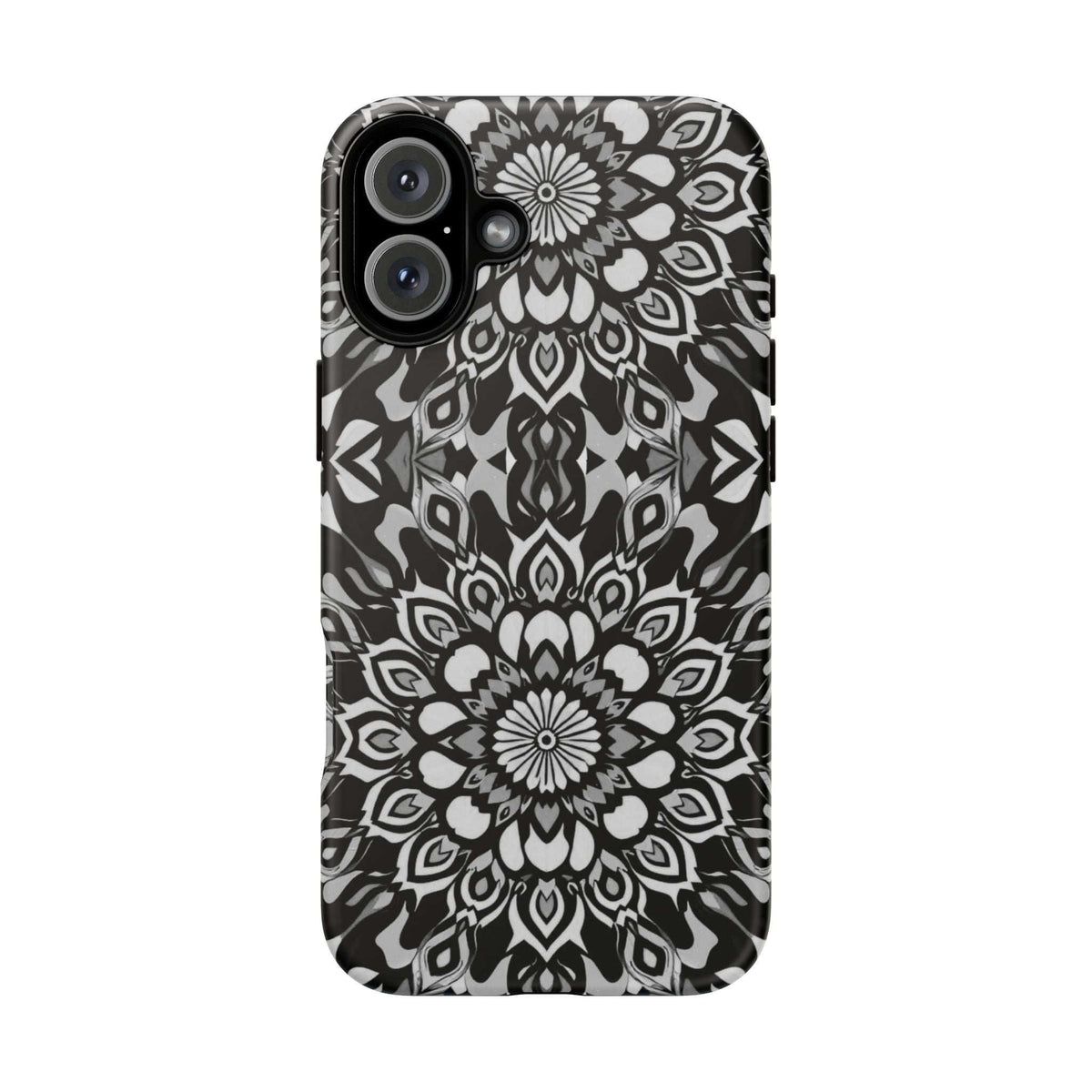 Black-and-white mandala phone case with detailed floral artwork and camera cutout