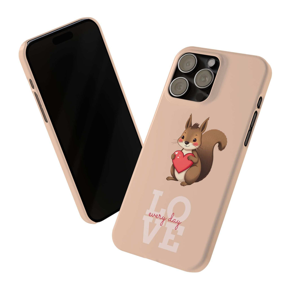 Beige phone case with squirrel holding a red heart; front and back views with LOVE print.