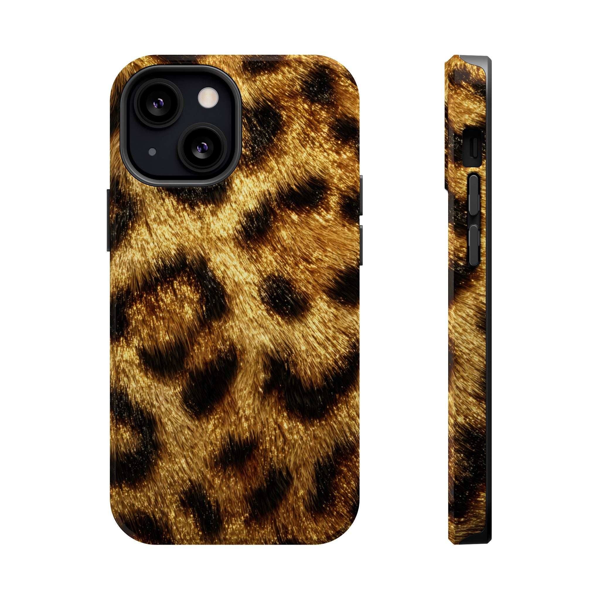 Leopard print phone case with glossy yellow and black design; back camera area exposed