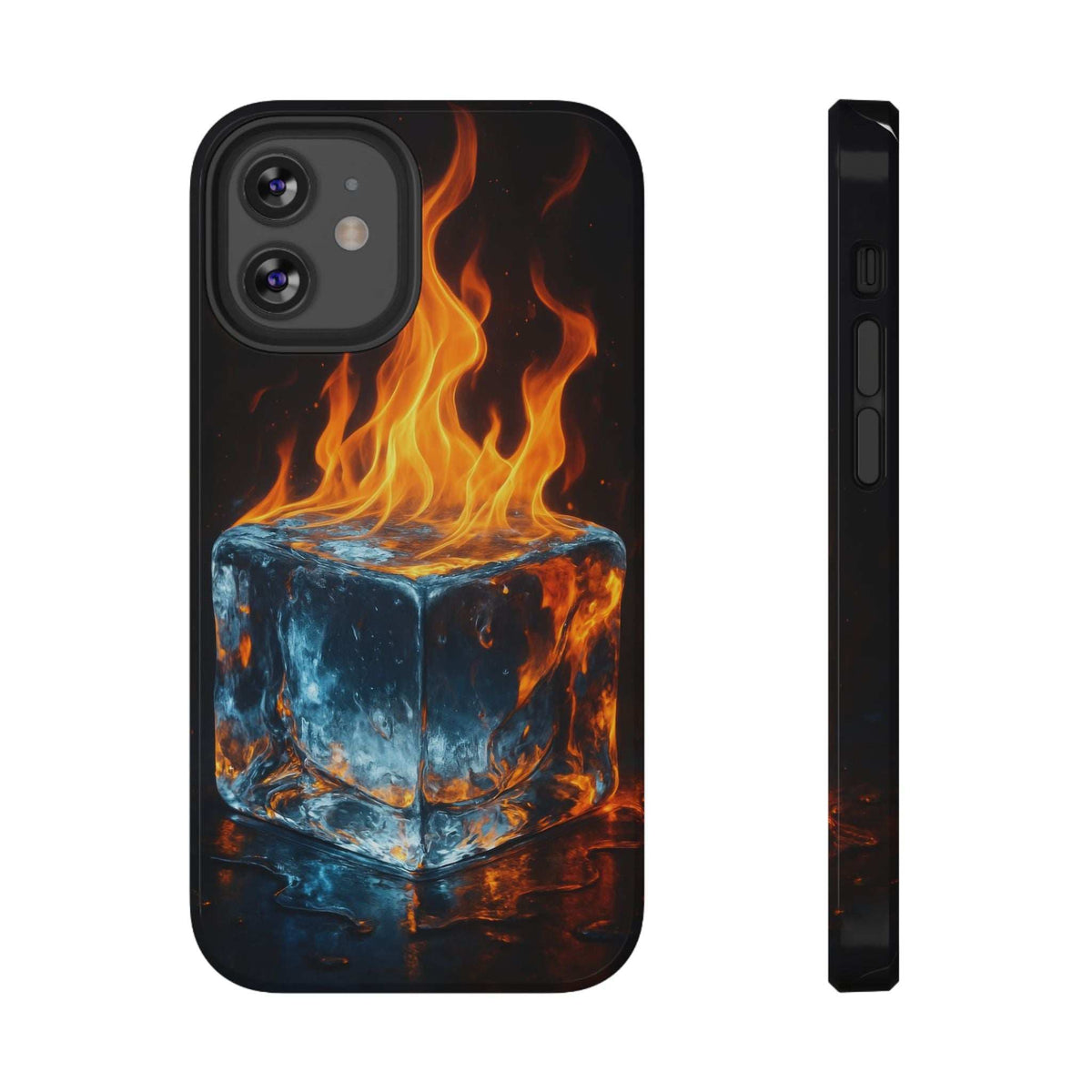 Black glossy phone case side view with flame and ice graphic and button cutouts