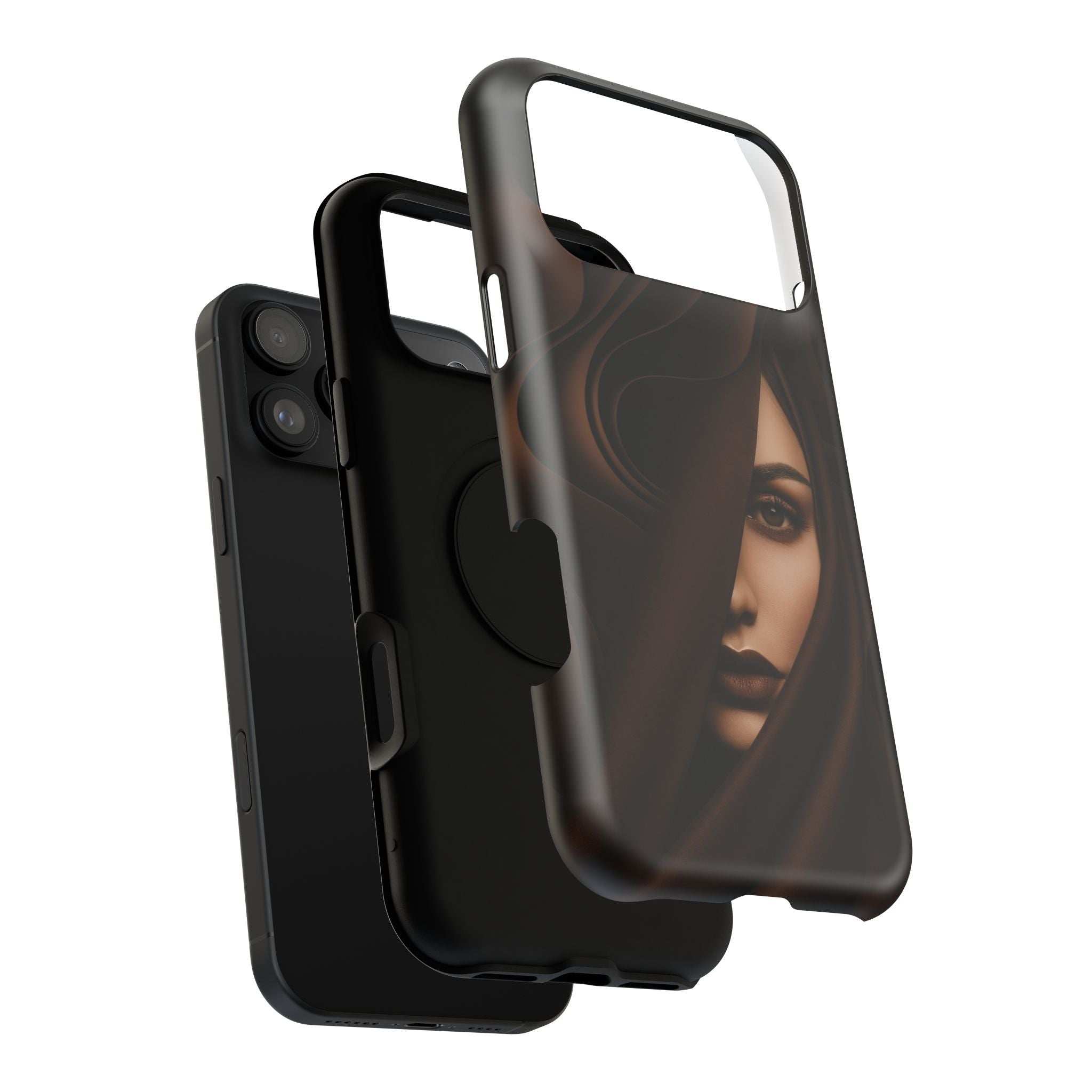 Phone case with dark portrait artwork, slim profile, camera lens openings