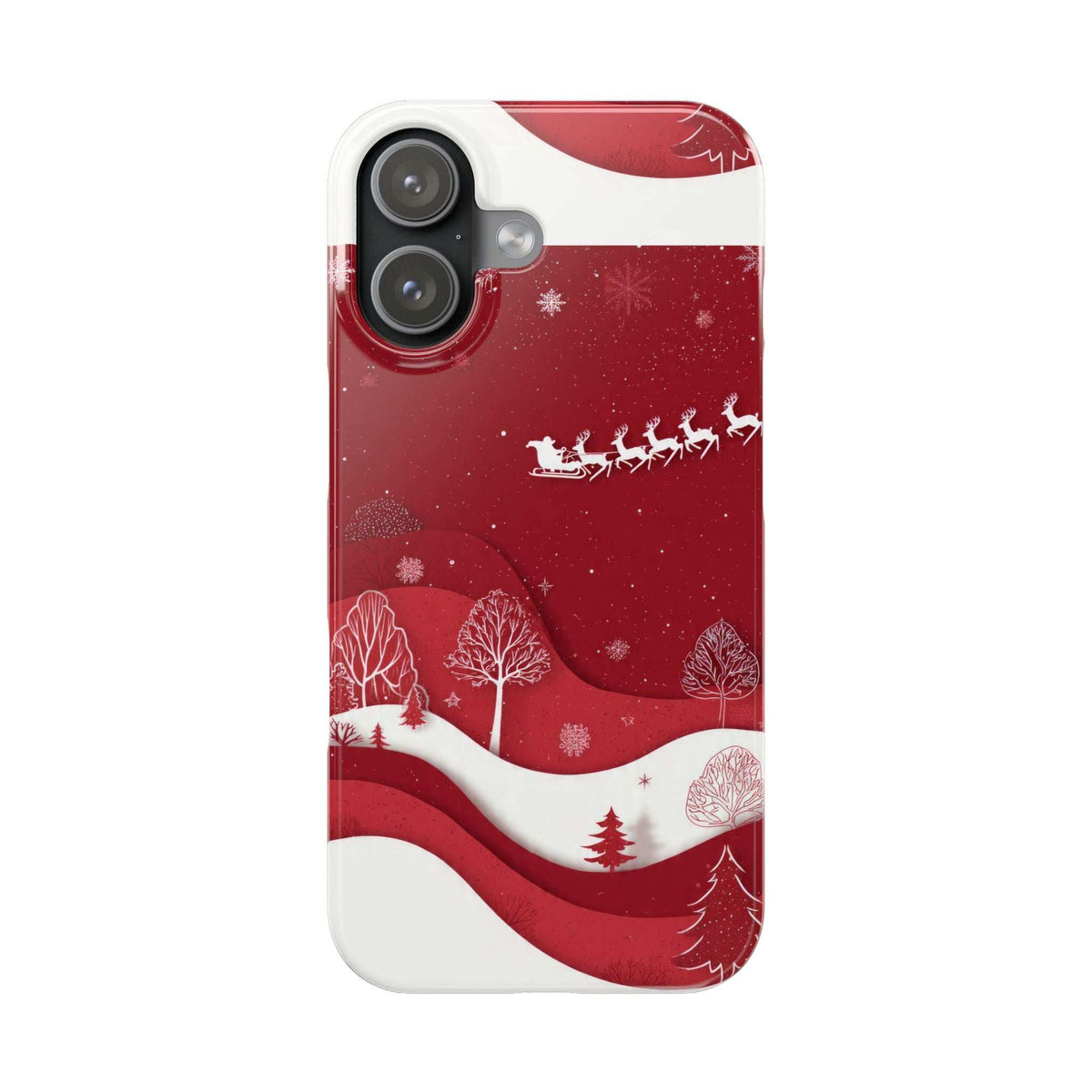 Red winter phone case with sleigh, trees, and snow pattern; side view angle