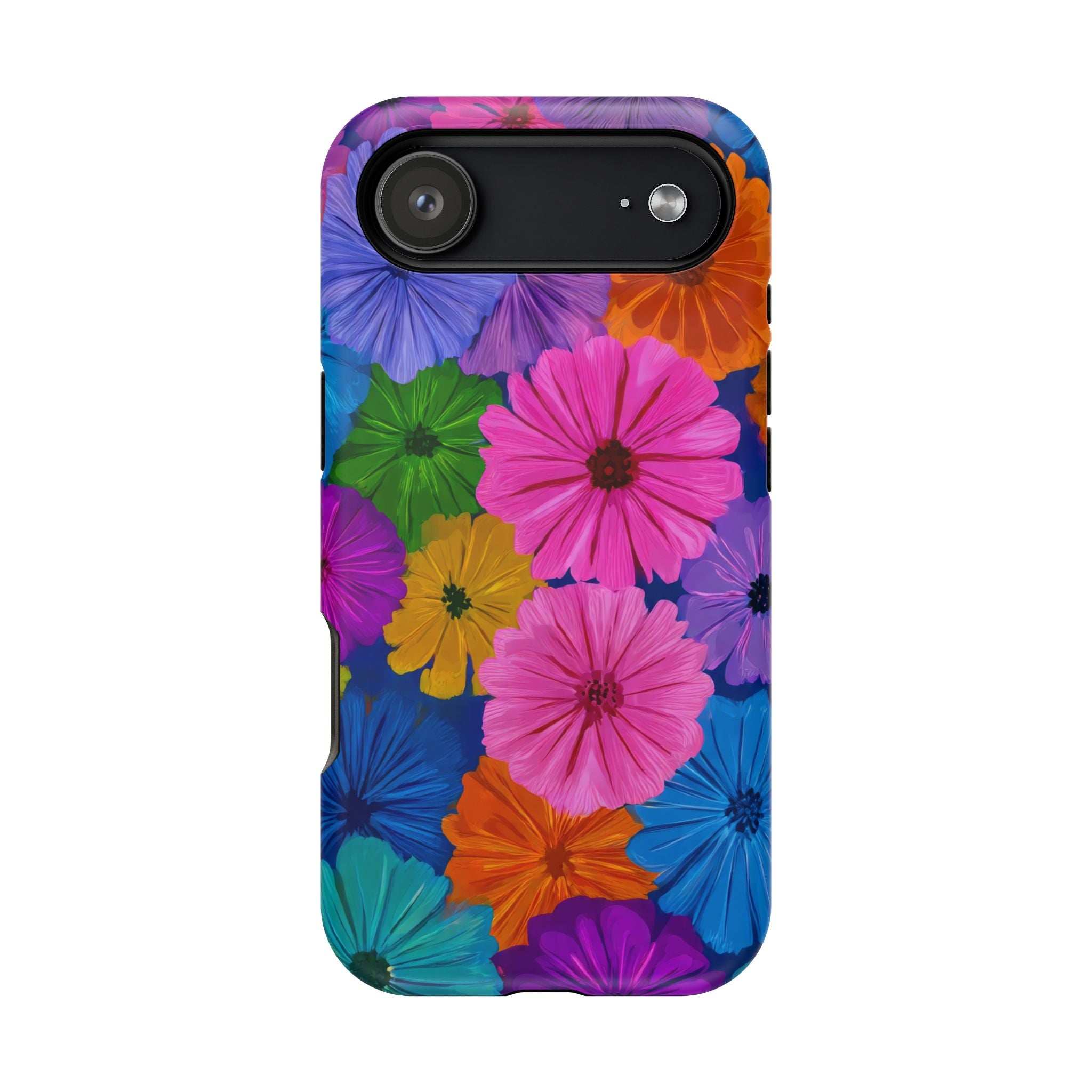 Floral phone case with large dark camera window and flash cutout on a colorful design.
