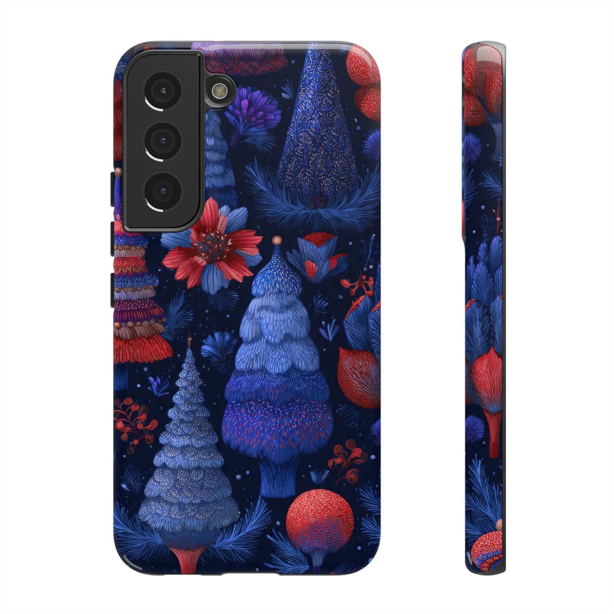 Phone case back with blue fir trees pattern, red poinsettias, and large camera module opening