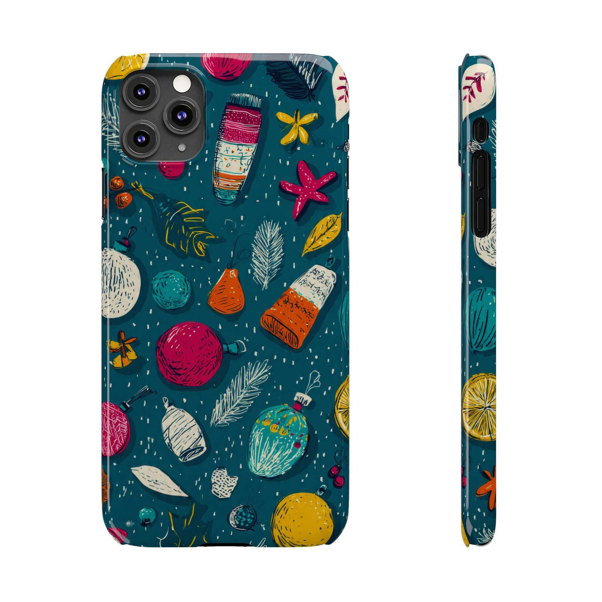 Teal winter-themed phone case back with camera cutouts and colorful winter icons