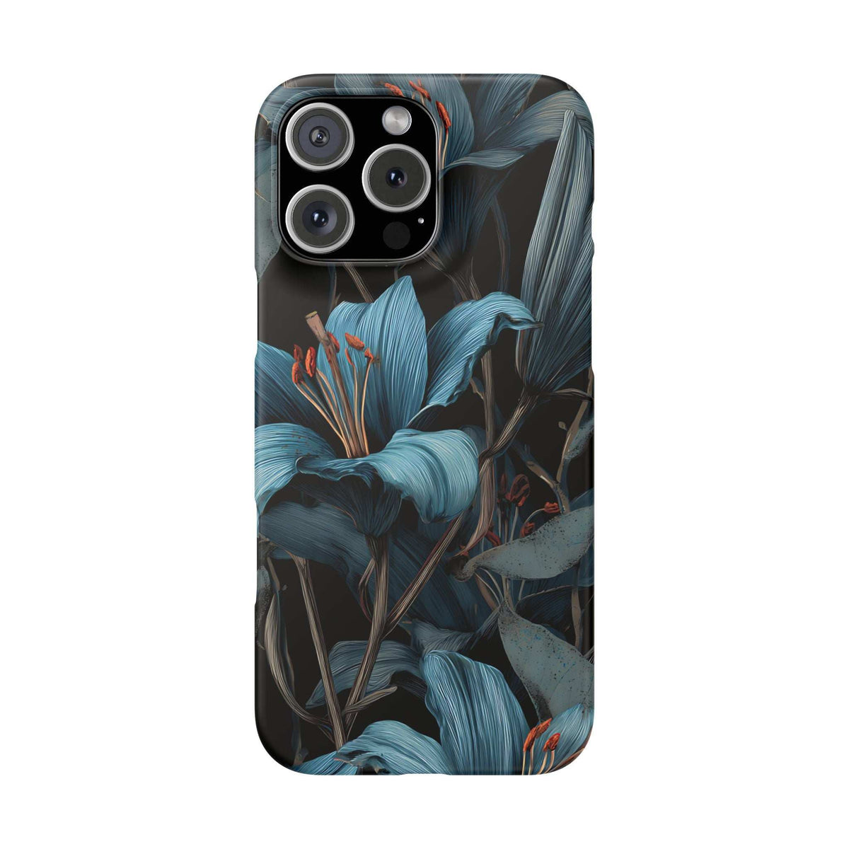 Blue and teal floral phone case with triple-camera cutout and flash opening