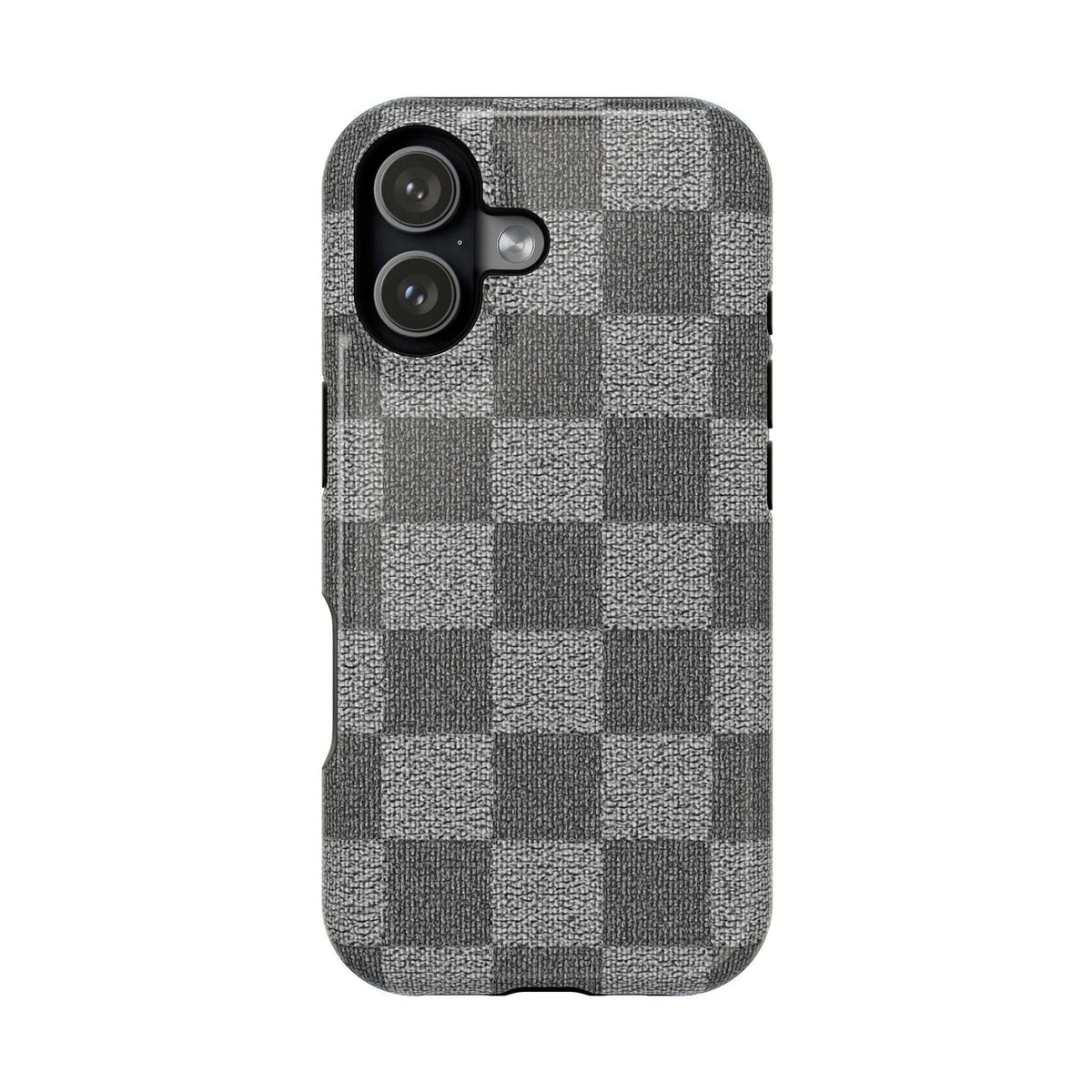 Gray checkered phone case with dual-camera cutout and small flash window