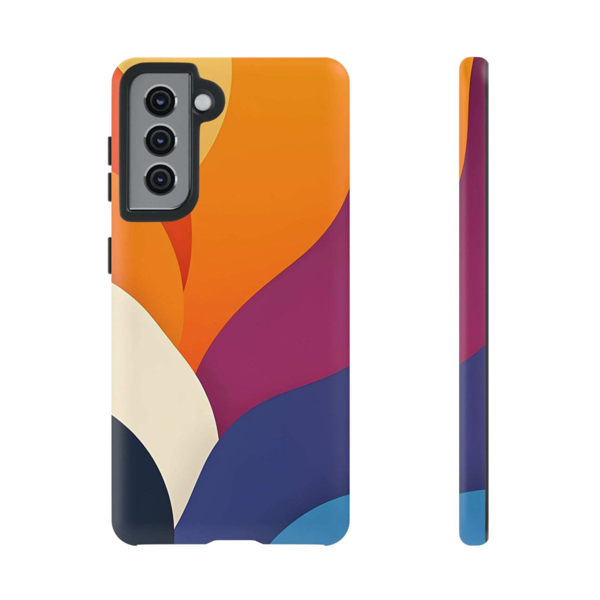 Phone case back and side view, orange-purple abstract curves on navy with cream and camera openings