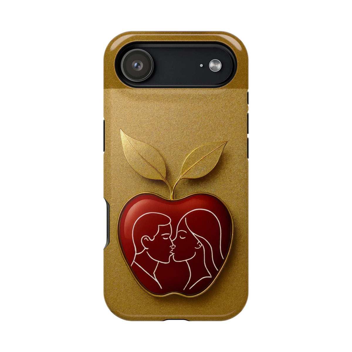 Gold glitter phone case with red heart couple kissing, minimalist leaf emblem