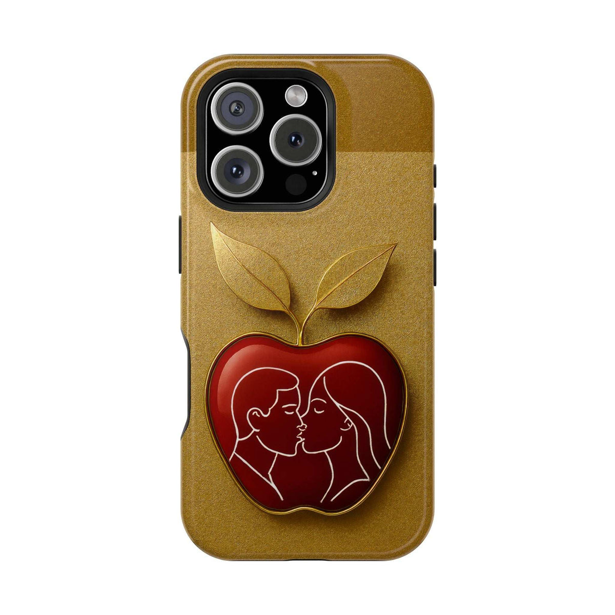 Gold glitter phone case with red heart couple kissing and gold leaf emblem