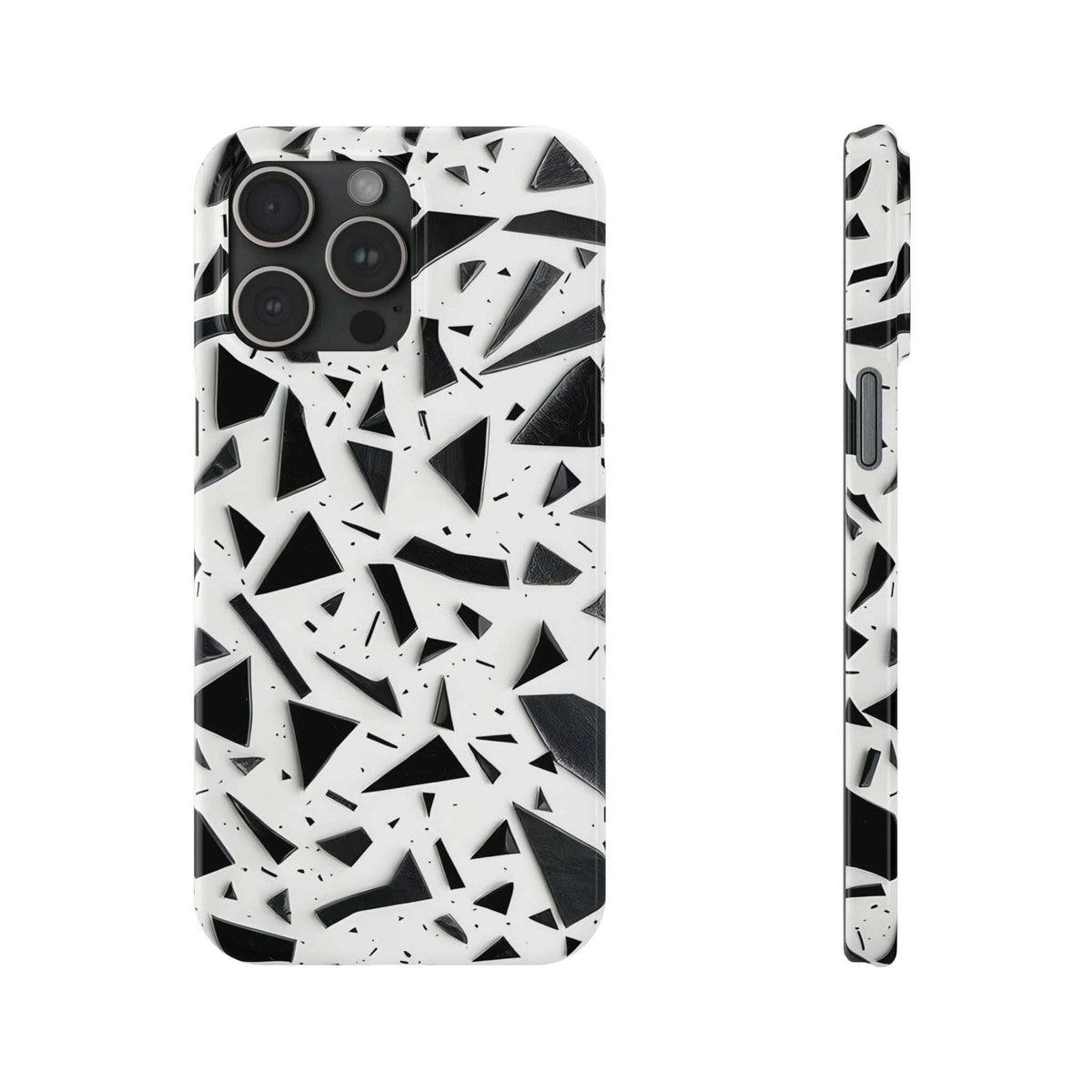 iPhone slim phone case with white and black abstract shard pattern, slim profile