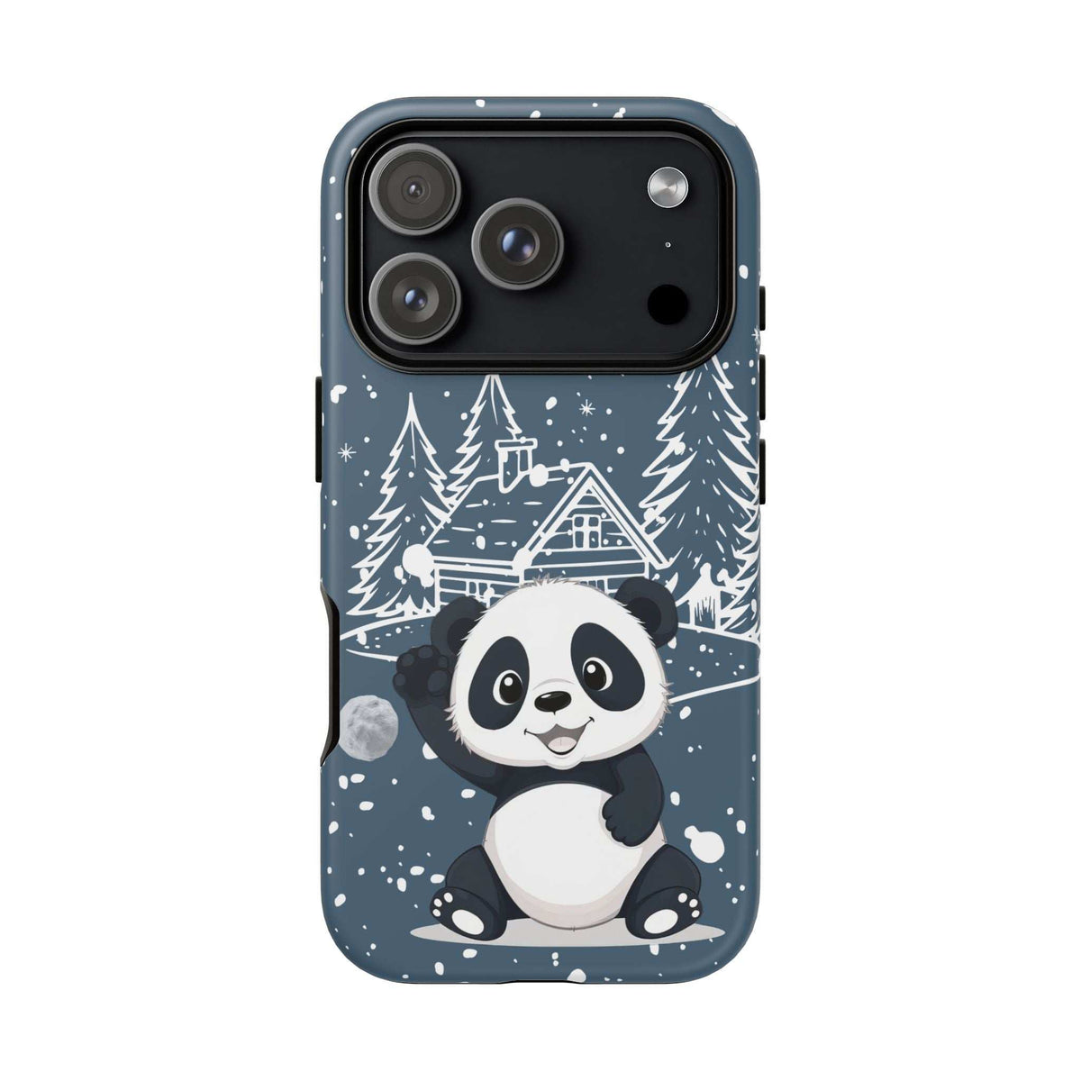 Dark blue iPhone phone case with panda in winter forest, circular camera lenses and pine trees