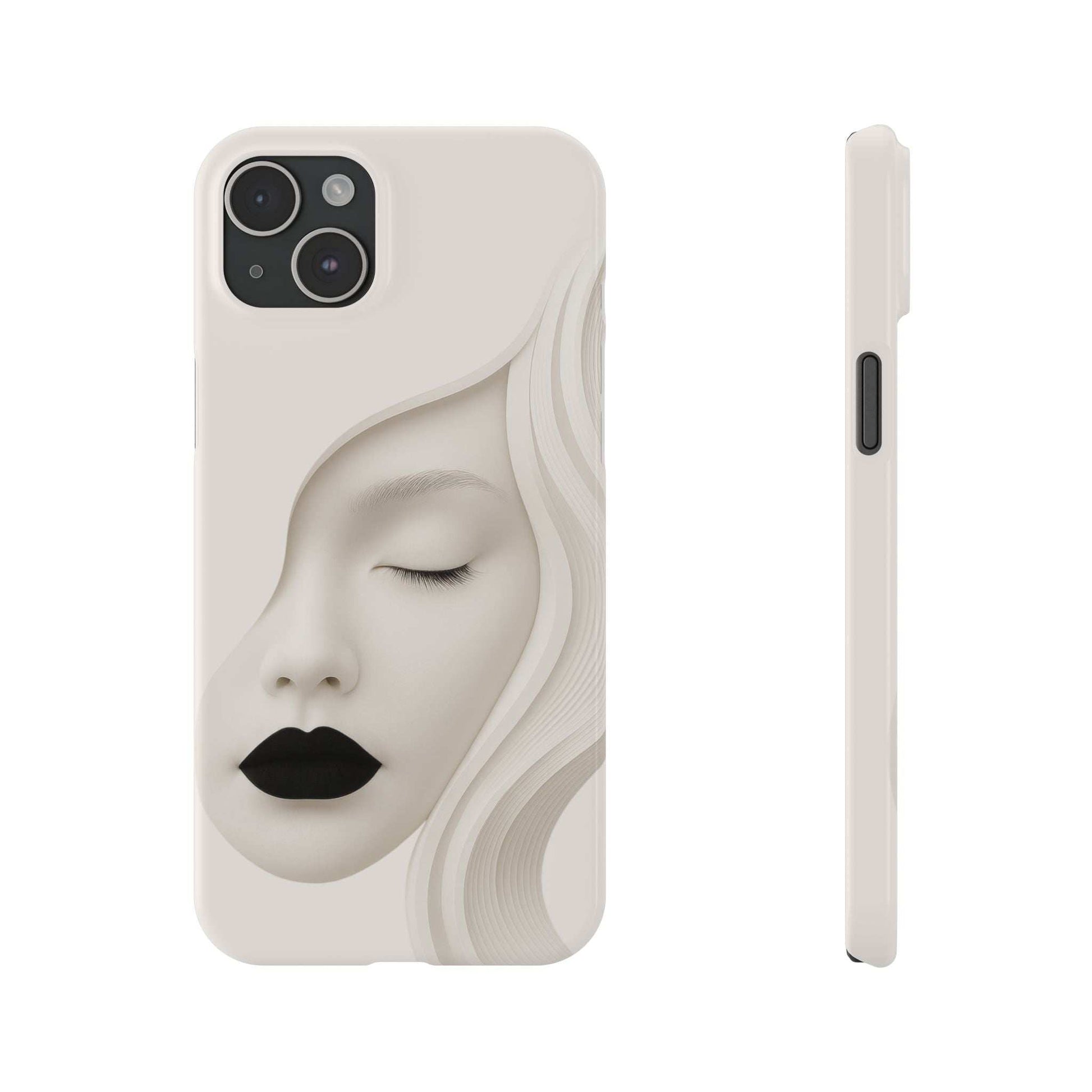 Light beige phone case featuring minimalist closed-eye face art; side view with port opening.