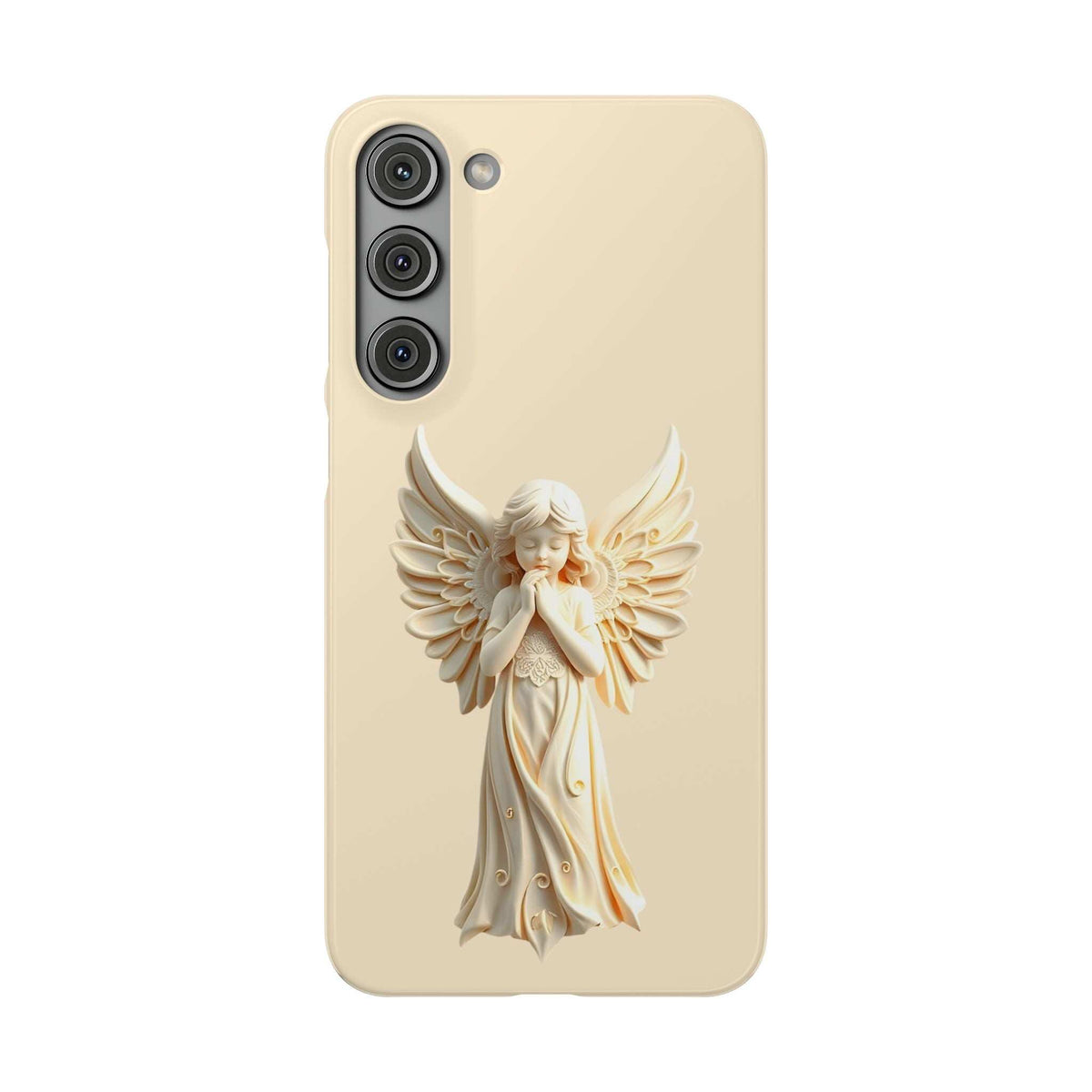 Cream phone case with an angel figure and wings, with three-lens camera cutouts on the left.