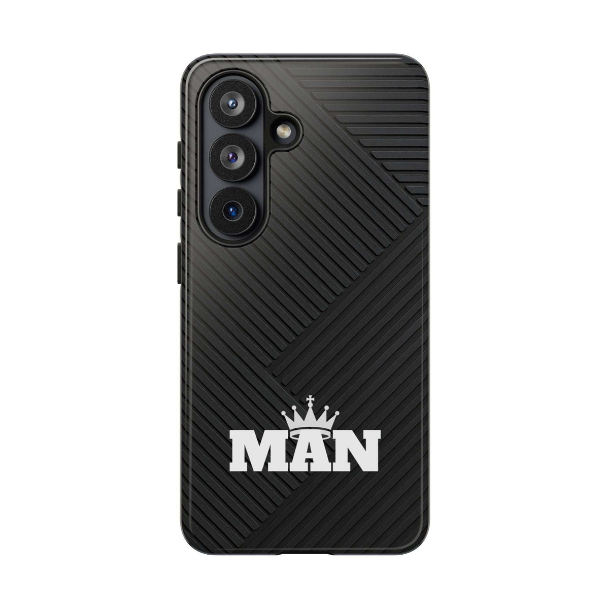 Black phone case with MAN logo, textured diagonal pattern, and camera cutouts