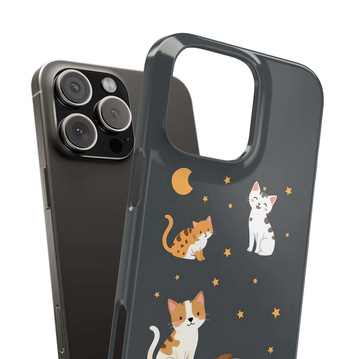 Dark iPhone phone case with raised edge and cat and dog moon star pattern