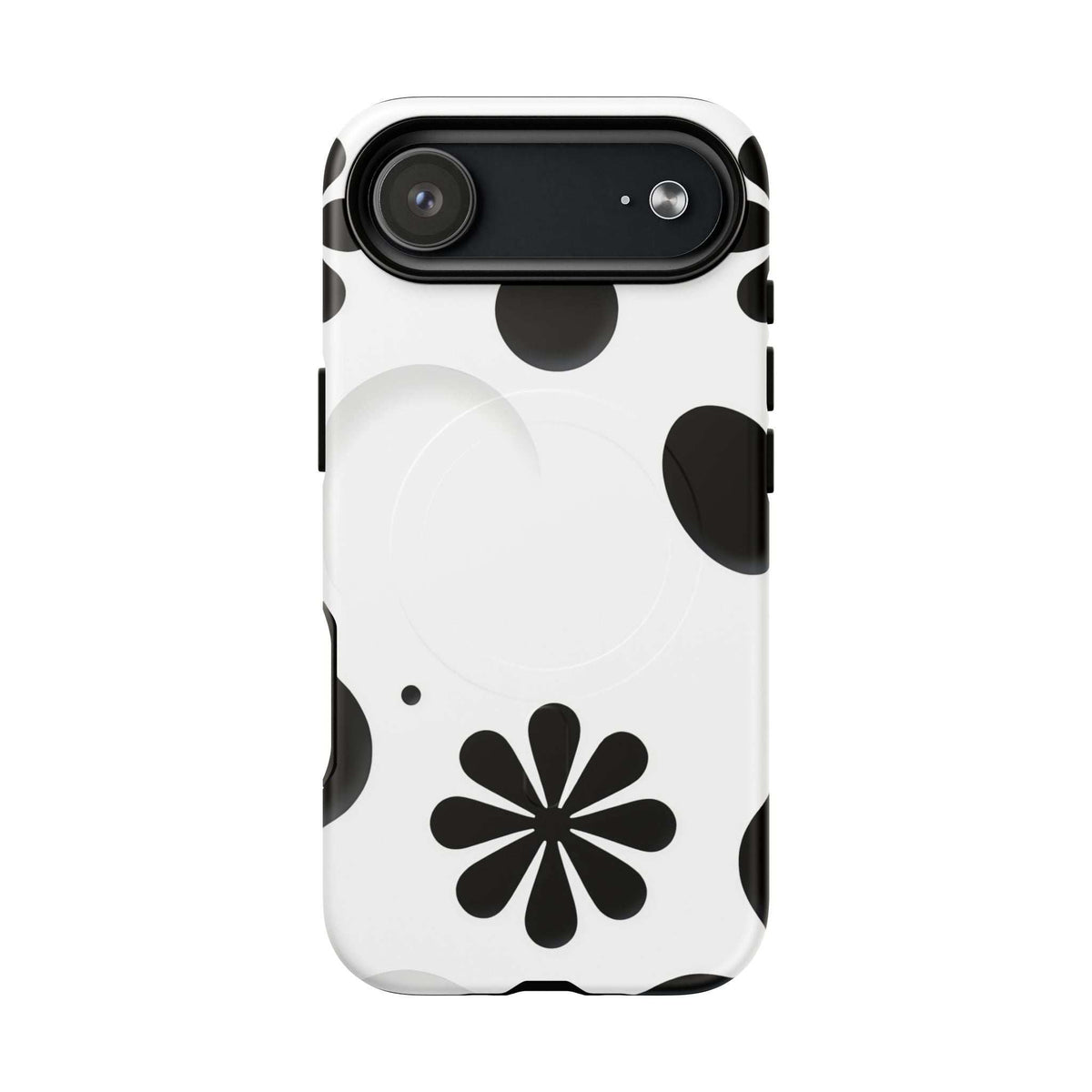 Phone case with black flower motif on white, dark camera window and side buttons
