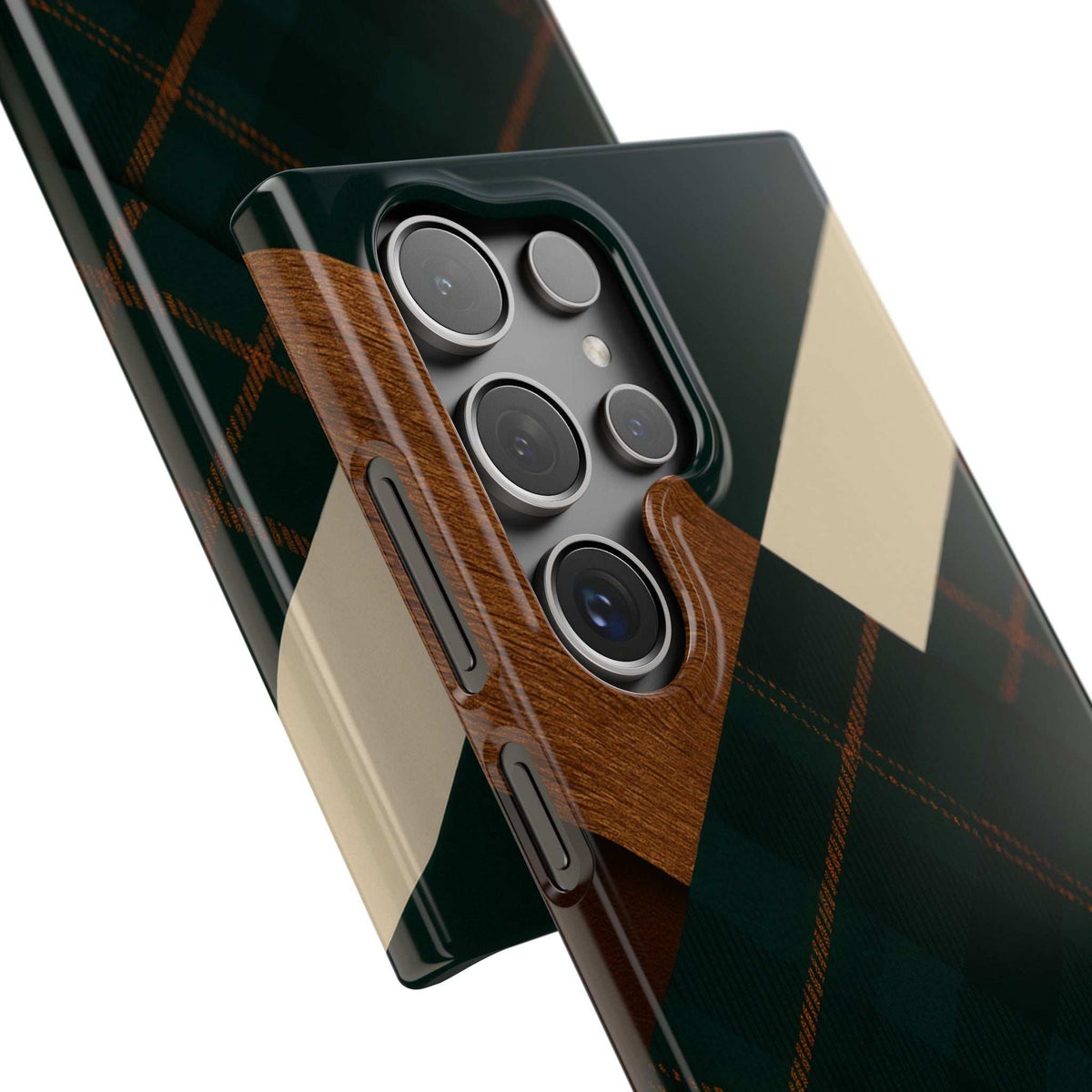 Phone case with wood-look grip, dark green plaid and visible camera cutouts