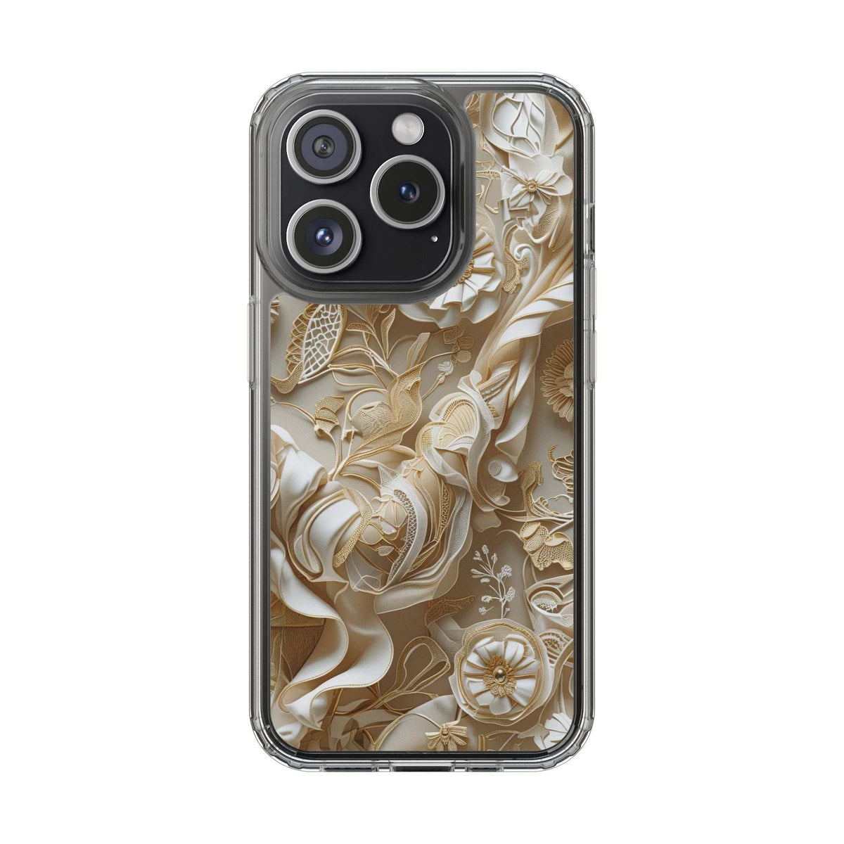 Clear phone case with gold-and-cream floral pattern, black camera module cutout