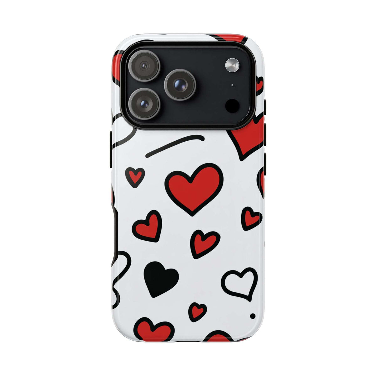 White phone case with scattered hearts; triple-lens camera cutout at the top