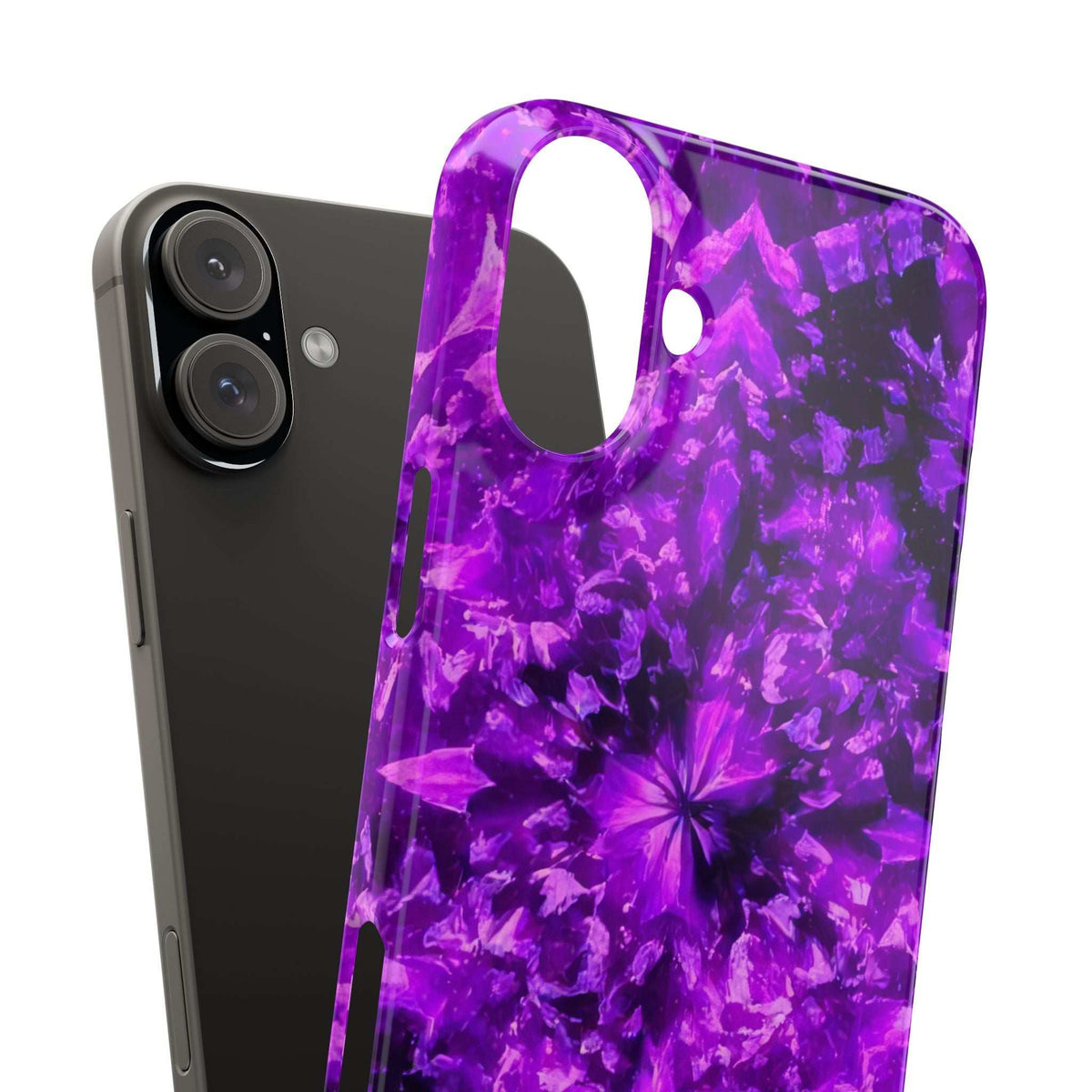 Purple kaleidoscope phone case with oval camera cutout and centered camera bump