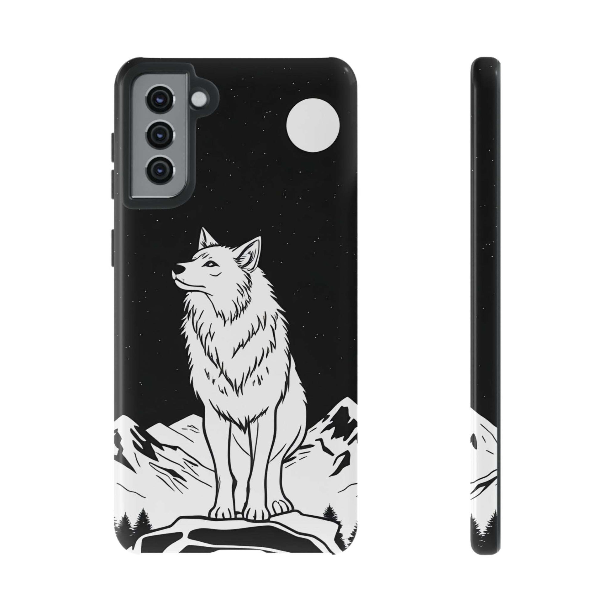 Black phone case with white wolf illustration, starry night pattern, triple camera cutout