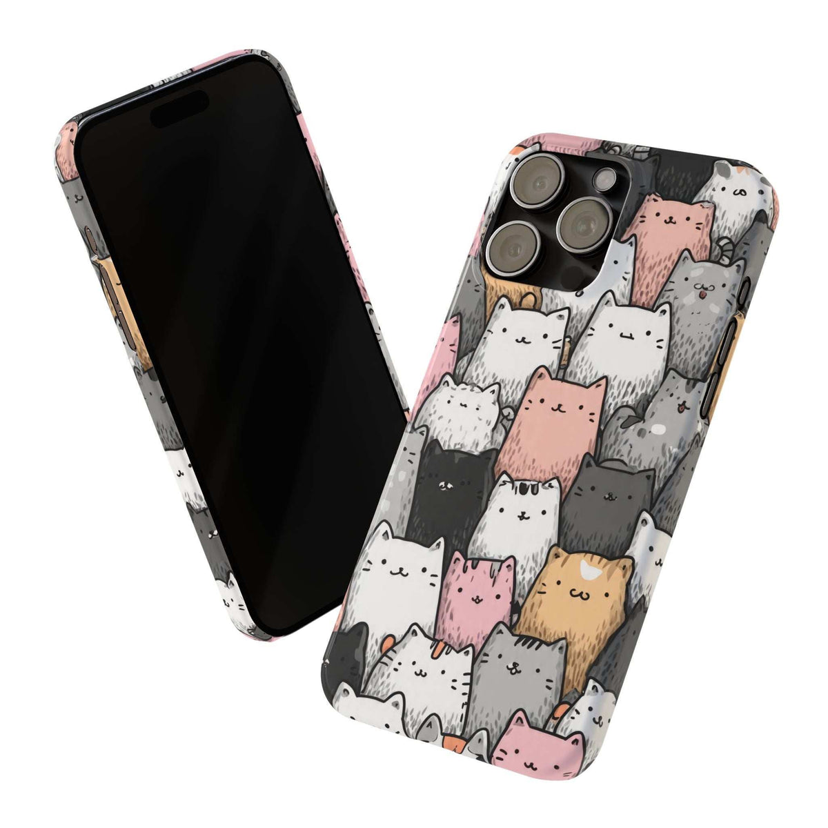 iPhone 11-17 cat patterned phone case, front and side view with camera module