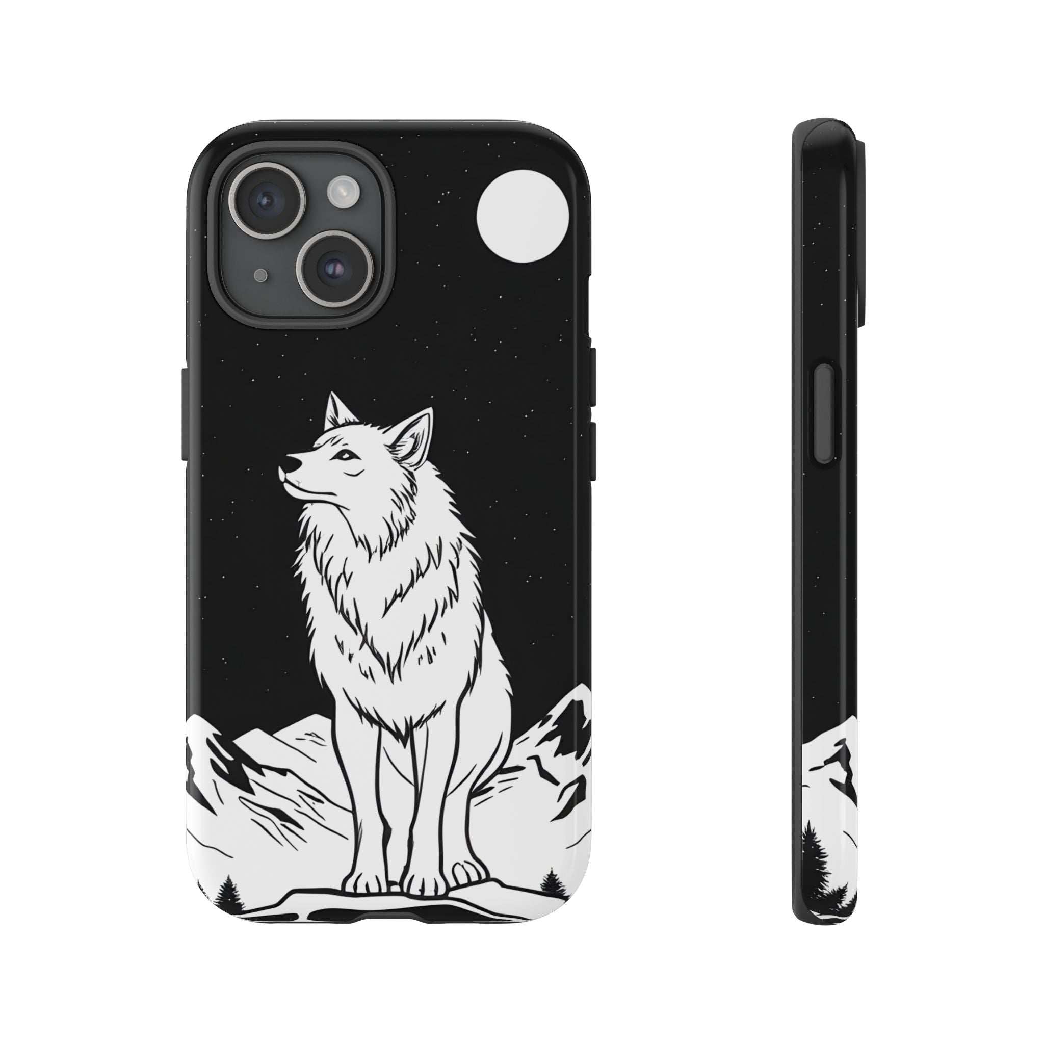 Dark phone case with white wolf illustration, starry speckles, camera cutouts and side profile