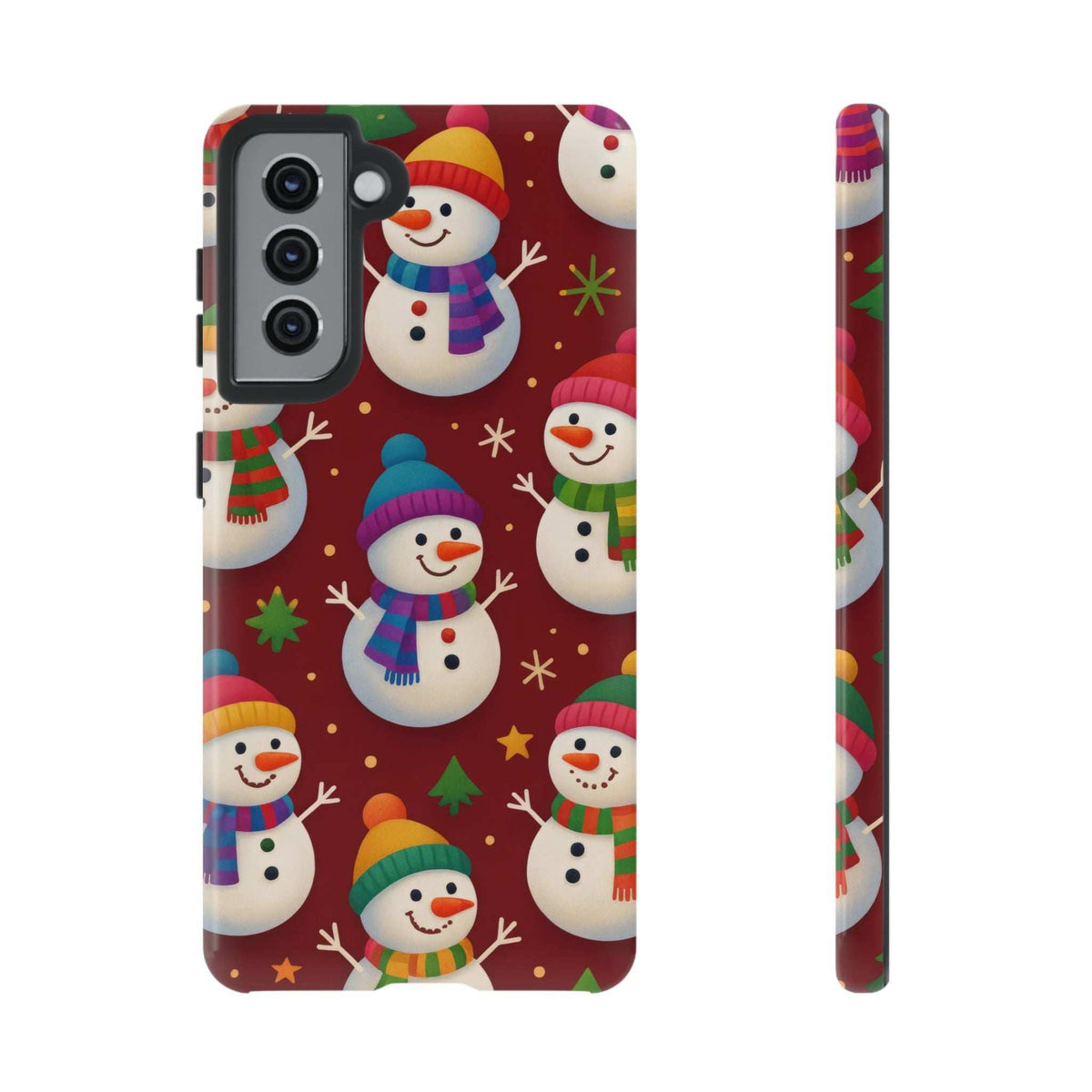 Glossy phone case back with clustered snowmen and side profile showing matching printed design