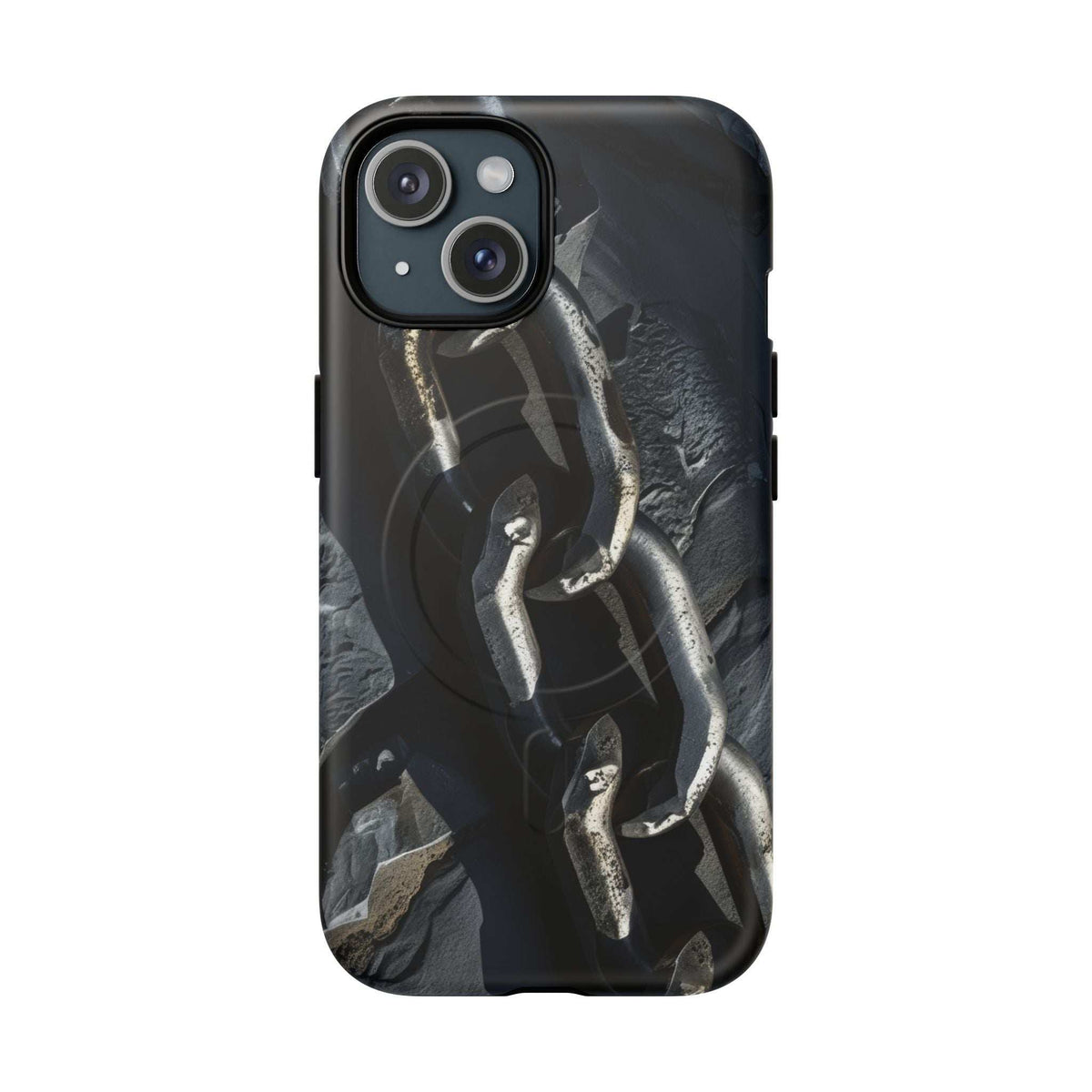 Black tough magnetic phone case with iron chain graphic and camera cutout