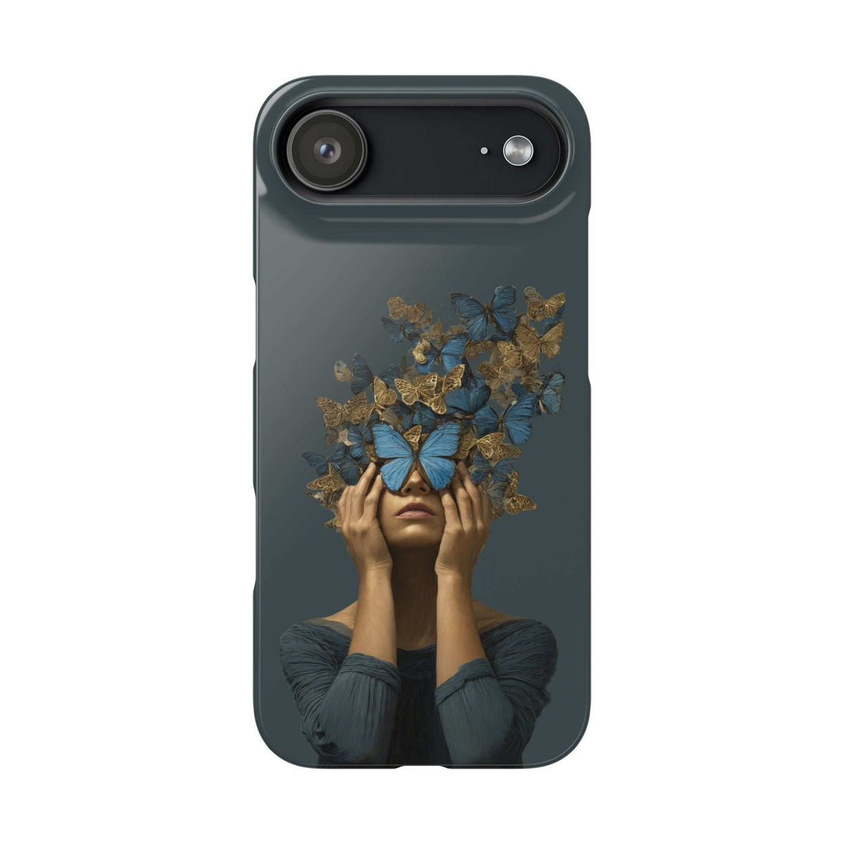 Dark gray phone case with butterfly crown portrait and long rear camera bar cutout