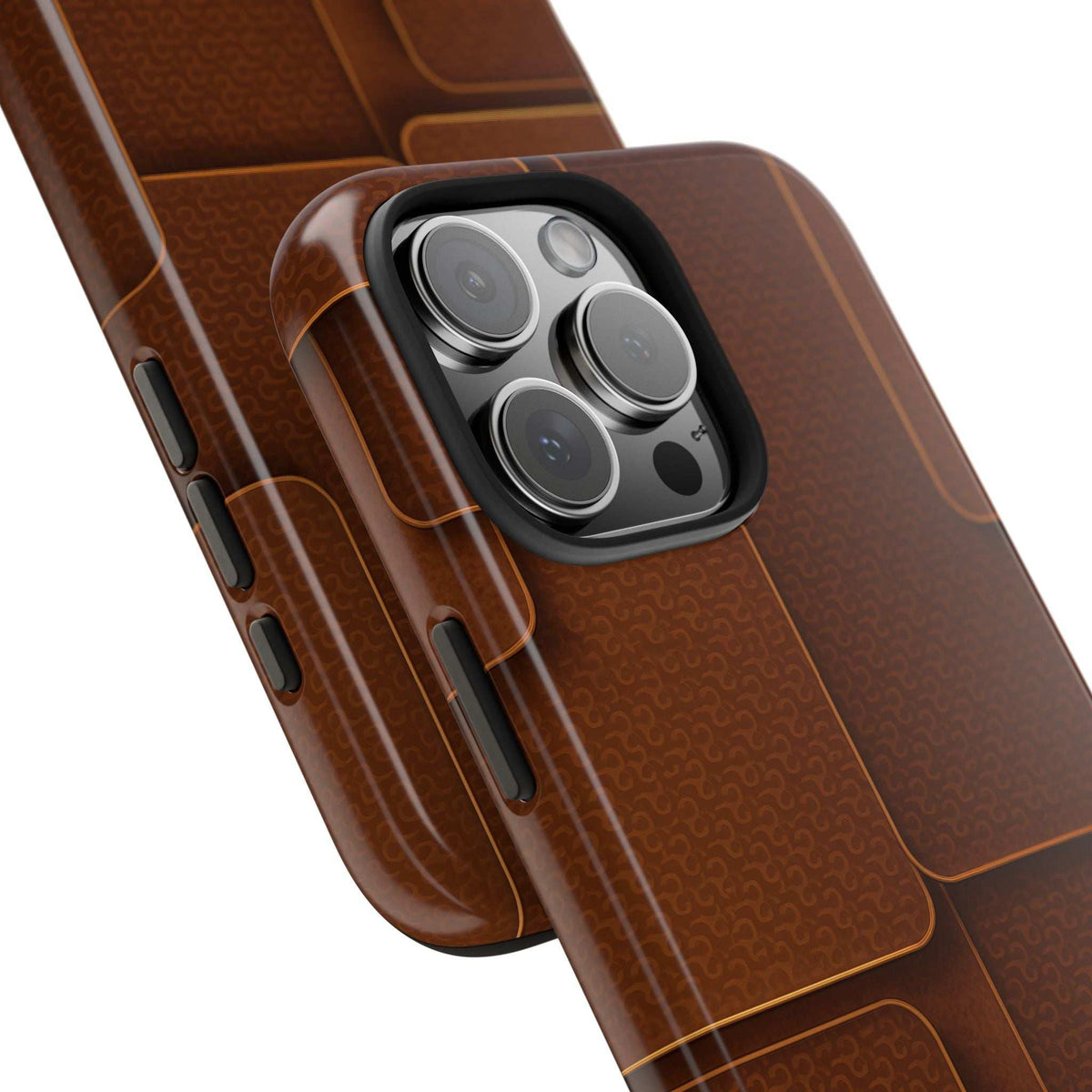 Brown textured phone case corner with camera lens cover and tactile back pattern