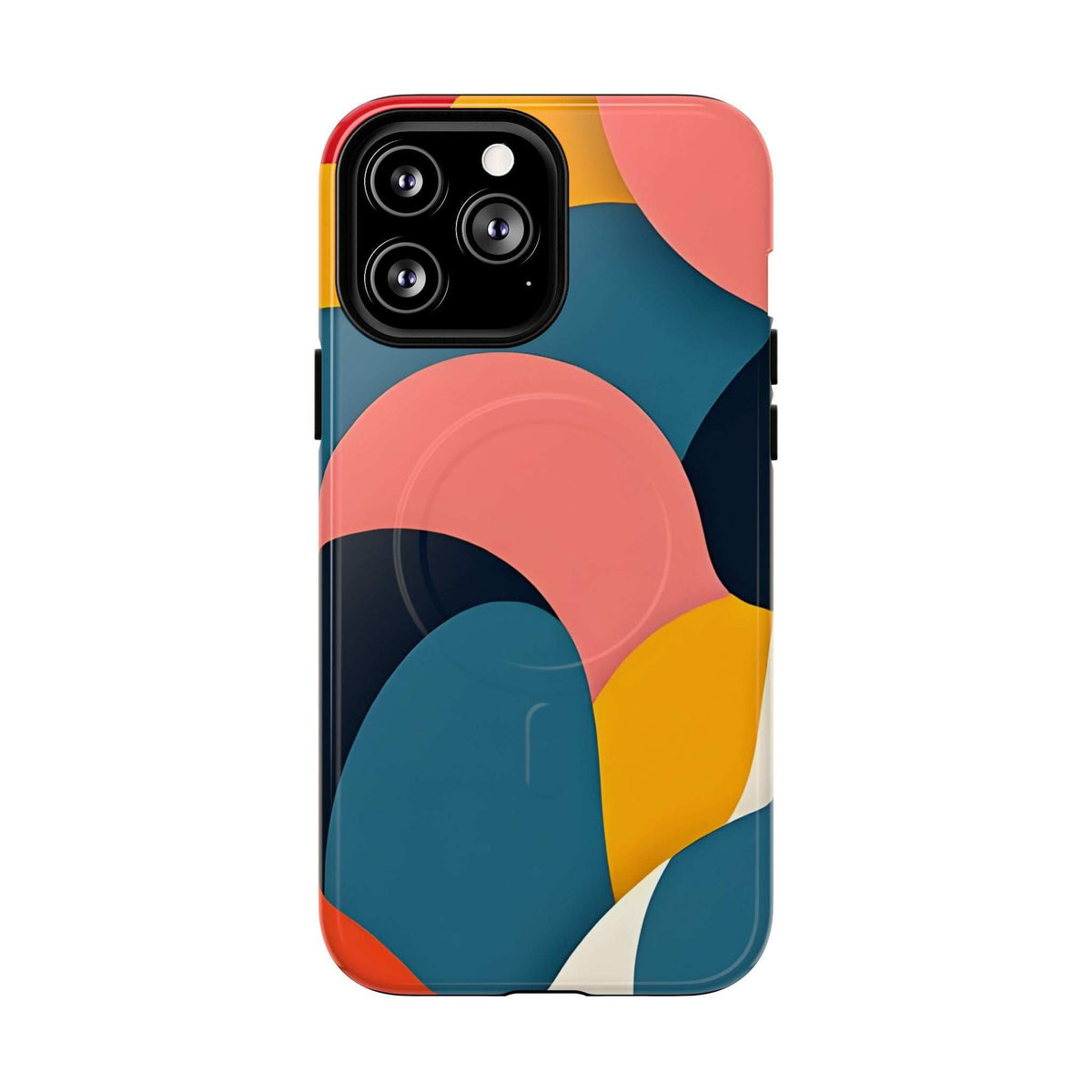 Colorful abstract art iPhone 13-17 phone case from front view with dual lens cutouts
