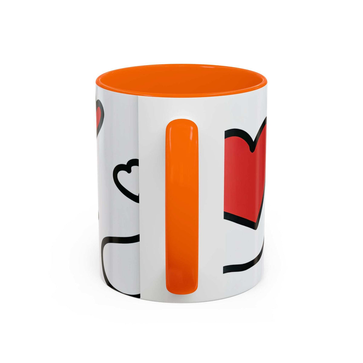 White ceramic mug with orange rim, heart and lips print, glossy accent design