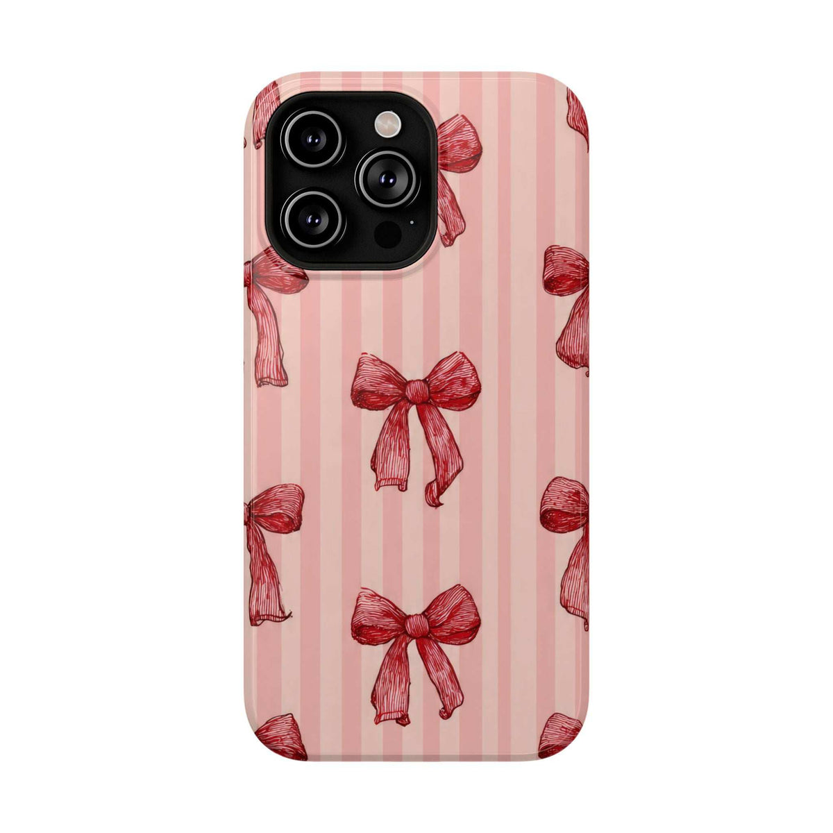 Pink striped phone case with red bows; triple-lens camera module top-left